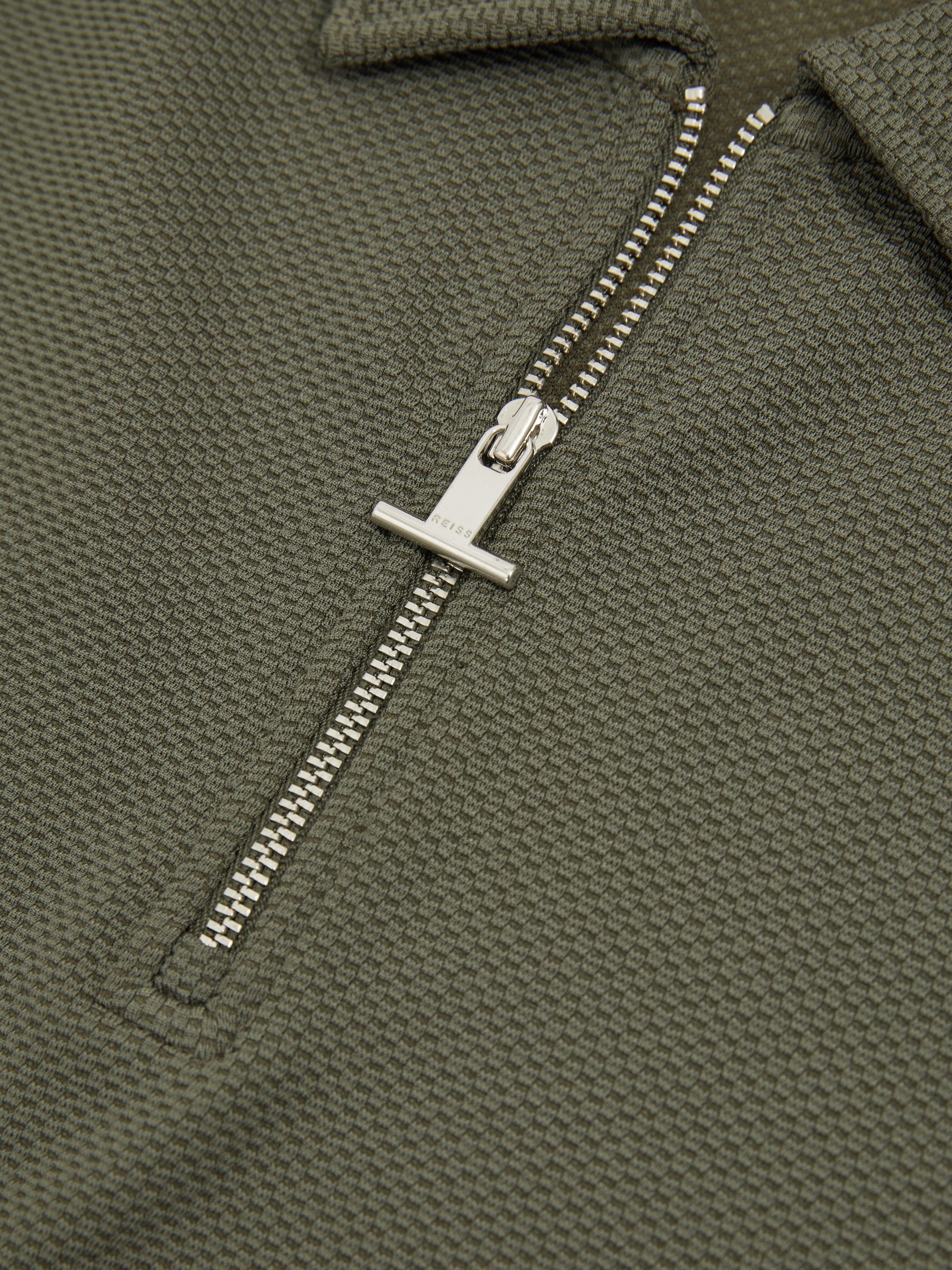 Textured Zip-Neck Polo Shirt in Green Smoke