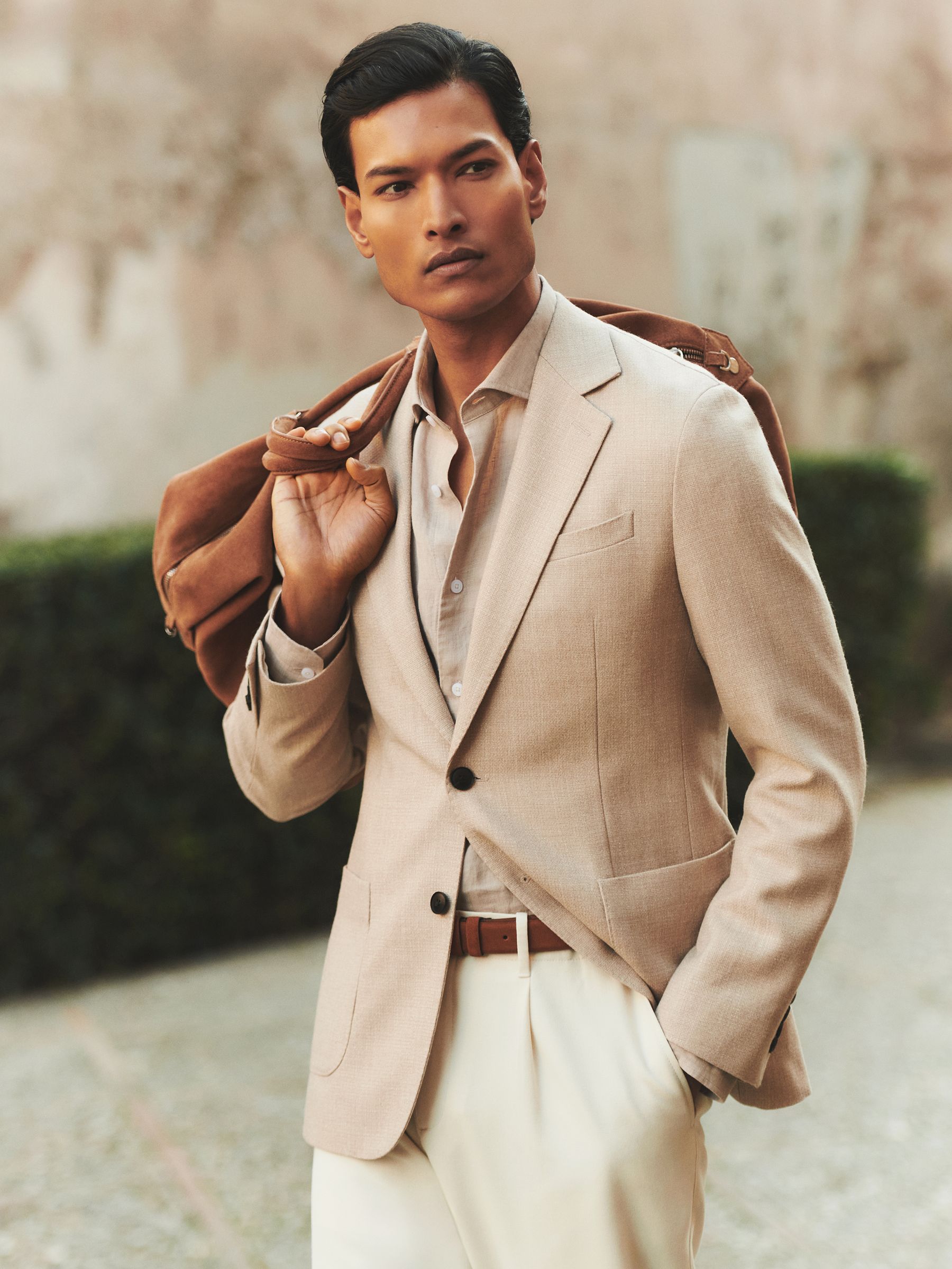 Slim-Fit Single-Breasted Wool-Blend Textured Blazer in Oatmeal