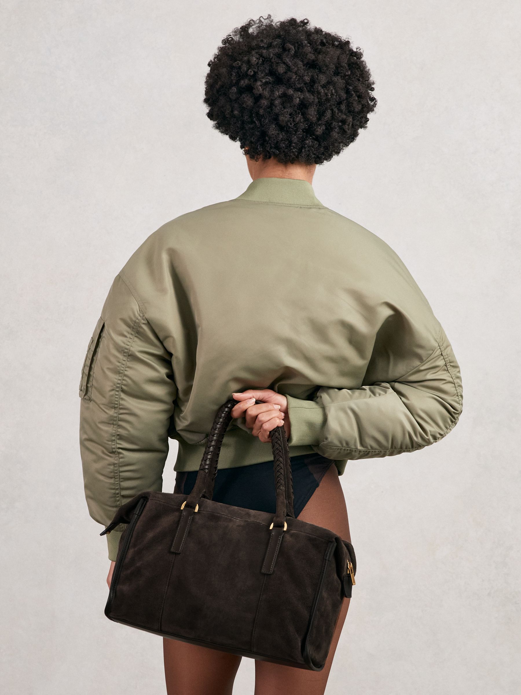 Suede Braided-Strap Bowling Bag in Chocolate