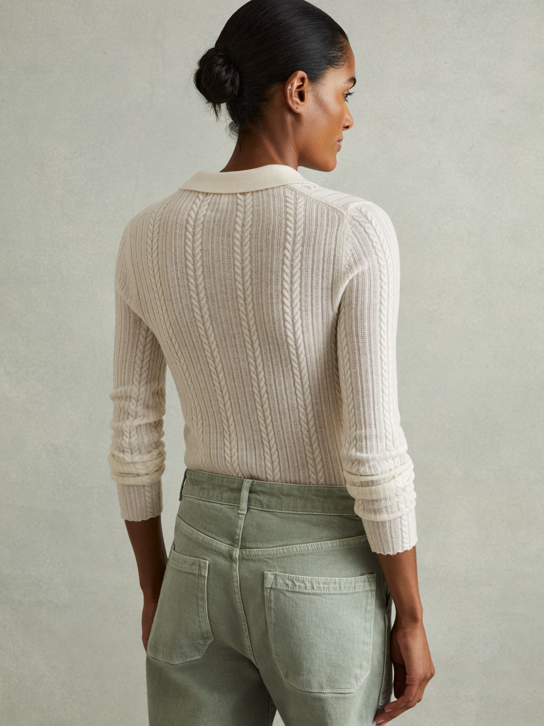 Wool Cable Knit Polo Neck Jumper in Cream