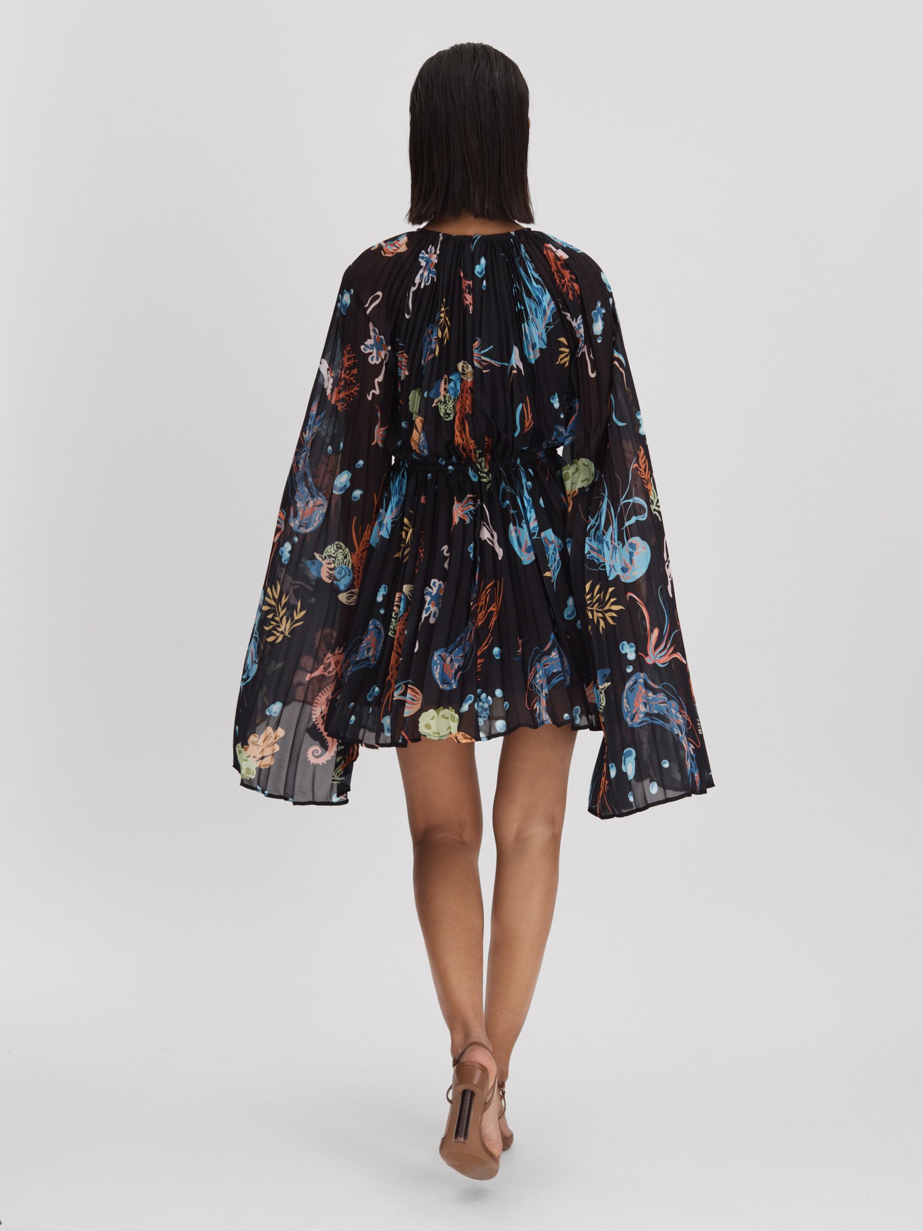 Leo Lin Pleated Bell Sleeve Mini Dress in Twilight Print Black