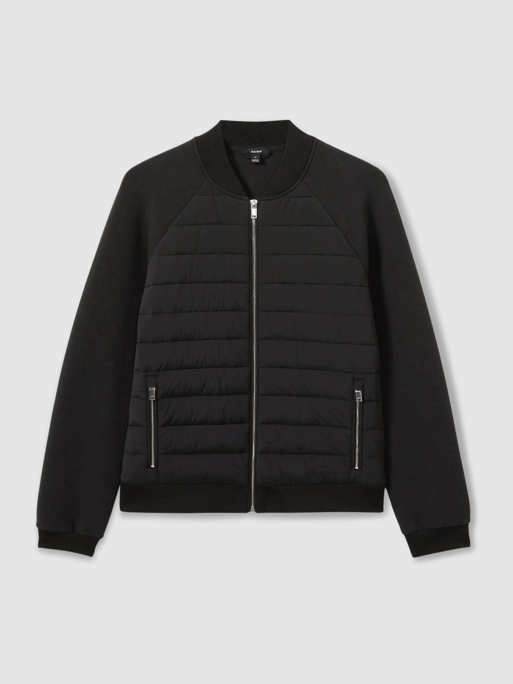 Hybrid Quilt Raglan-Sleeve Bomber Jacket in Black