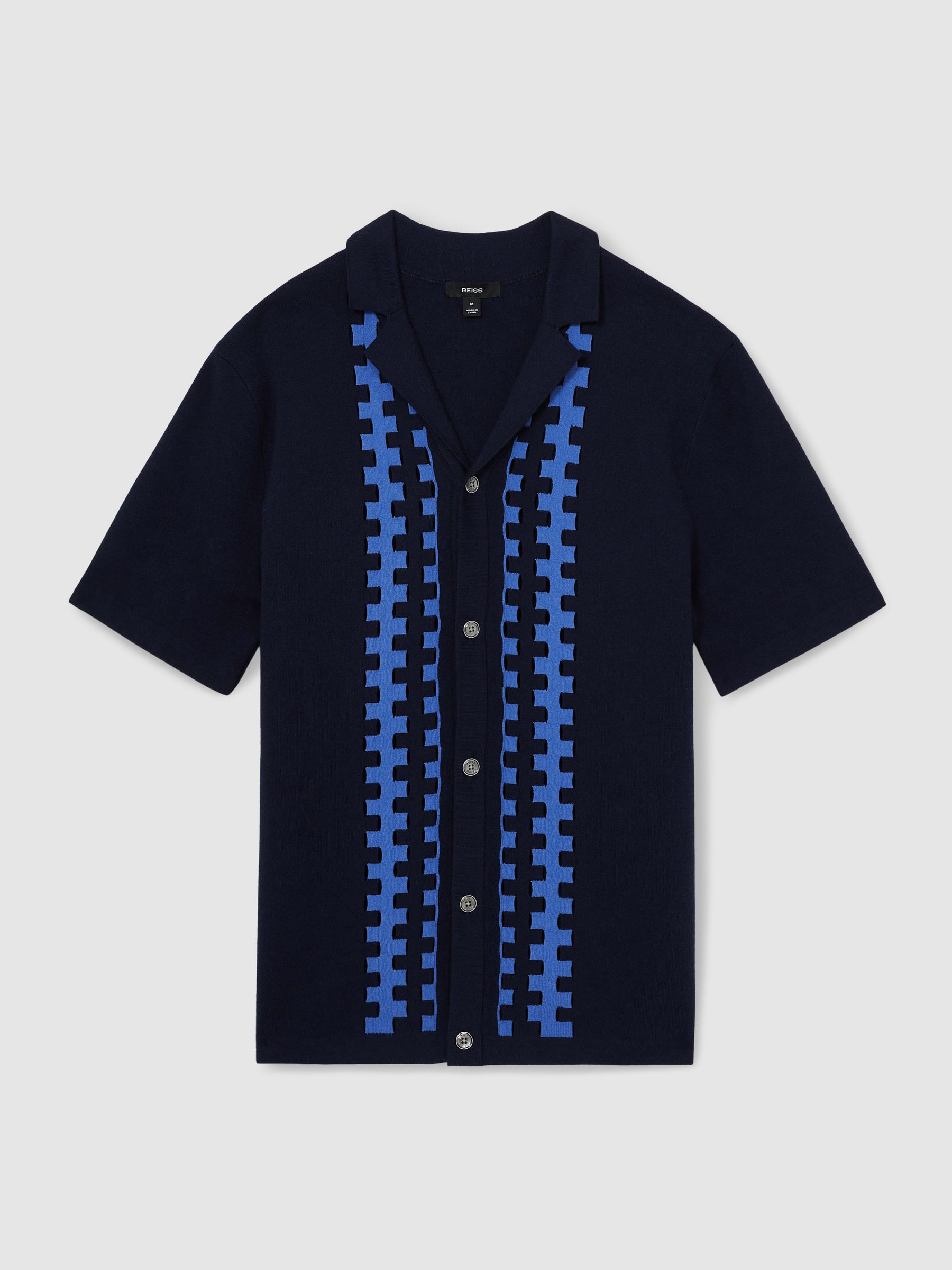 Geometric Cuban-Collar Knit Shirt in Navy/Blue