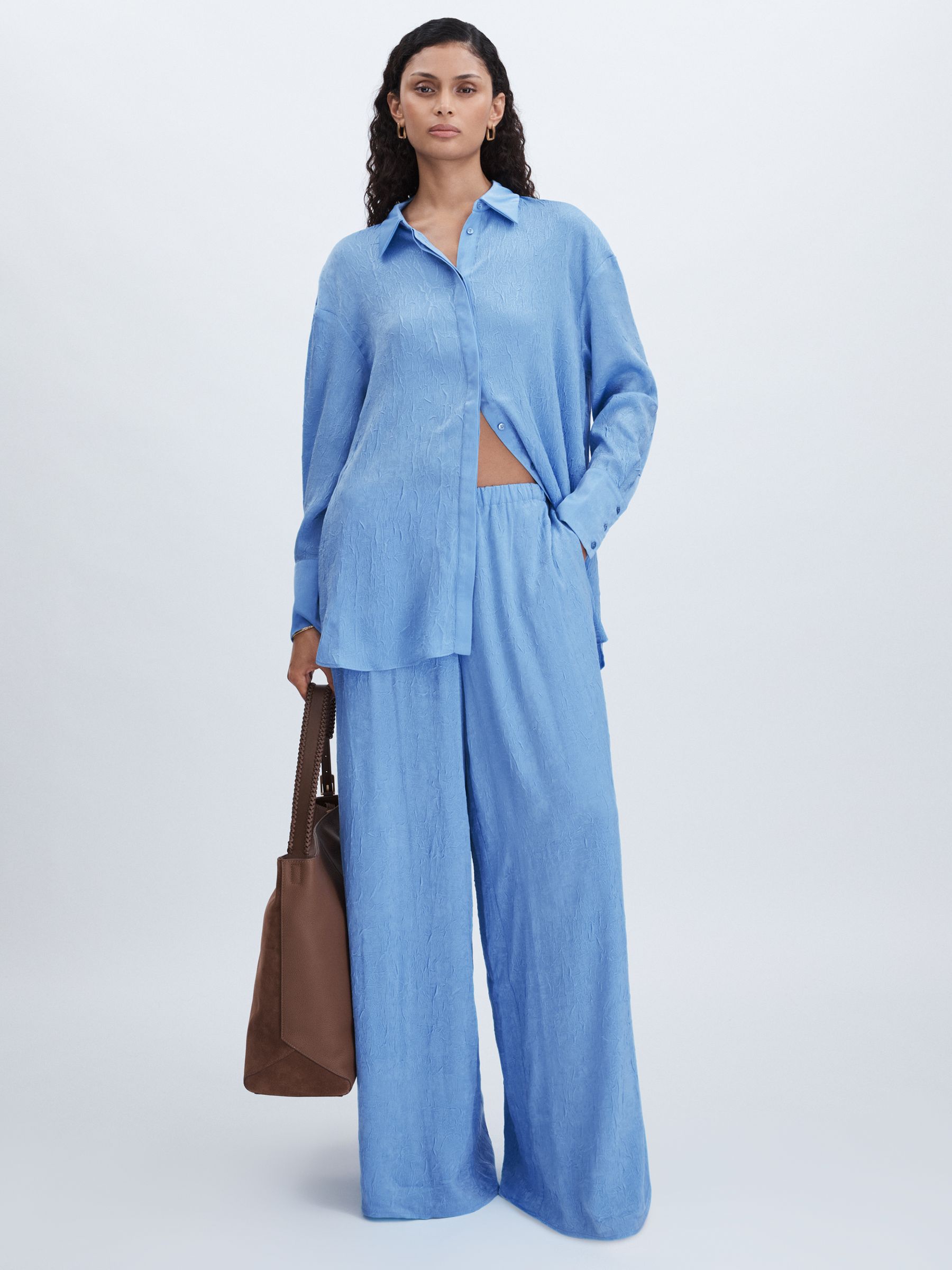 Crinkle-Satin Wide-Leg Trousers in Periwinkle