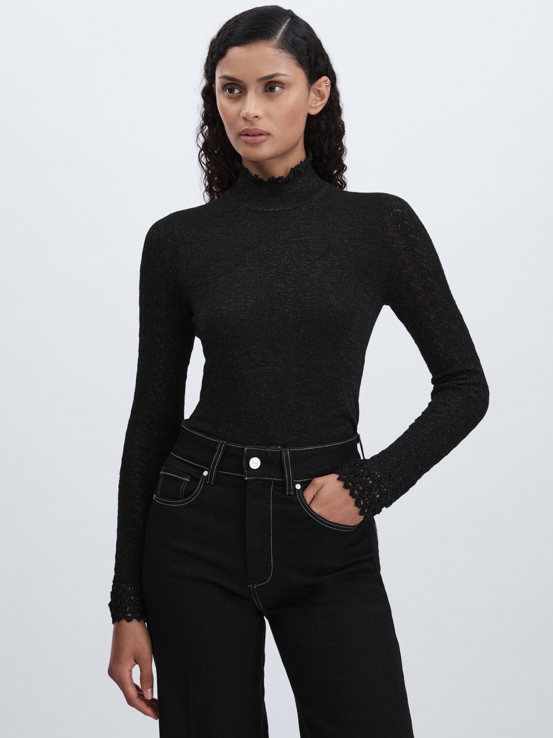 Paige Metallic Thread Pointelle Stitch Top in Black