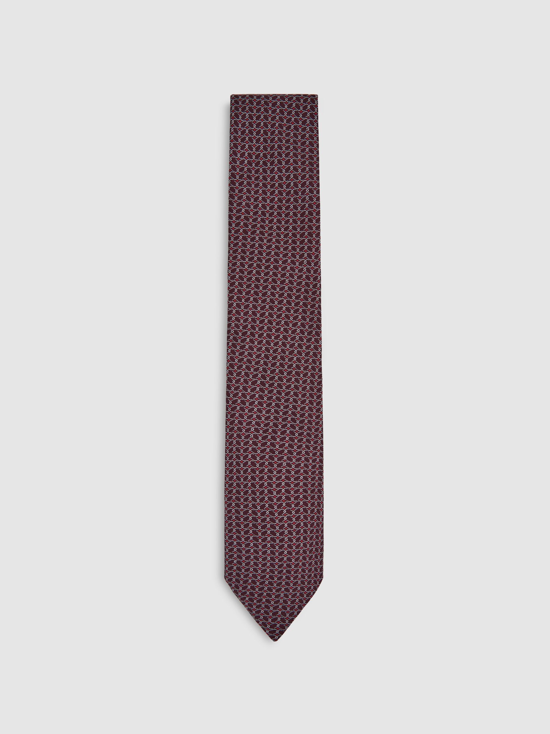 Silk Geometric-Chain Print Tie in Bordeaux