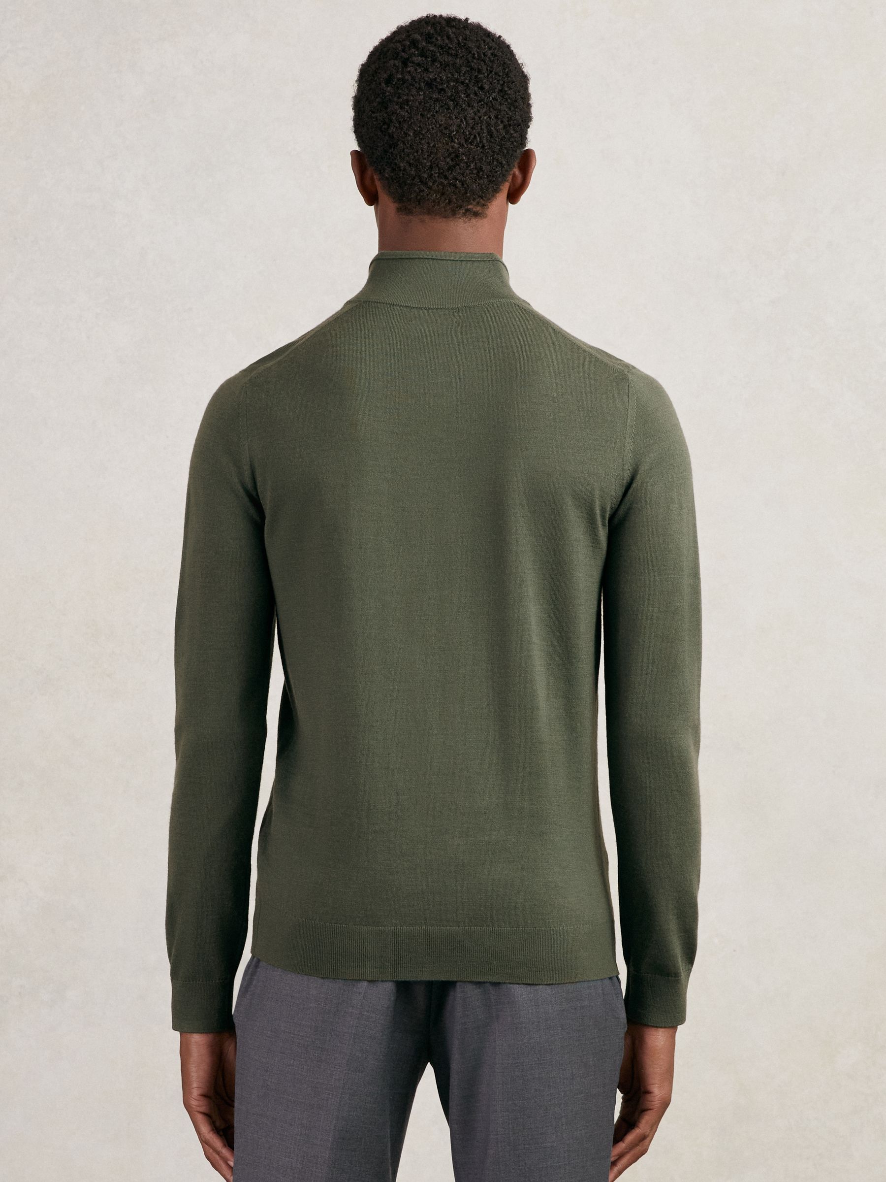 Merino Wool Half-Zip Funnel Neck Jumper in Kale Green