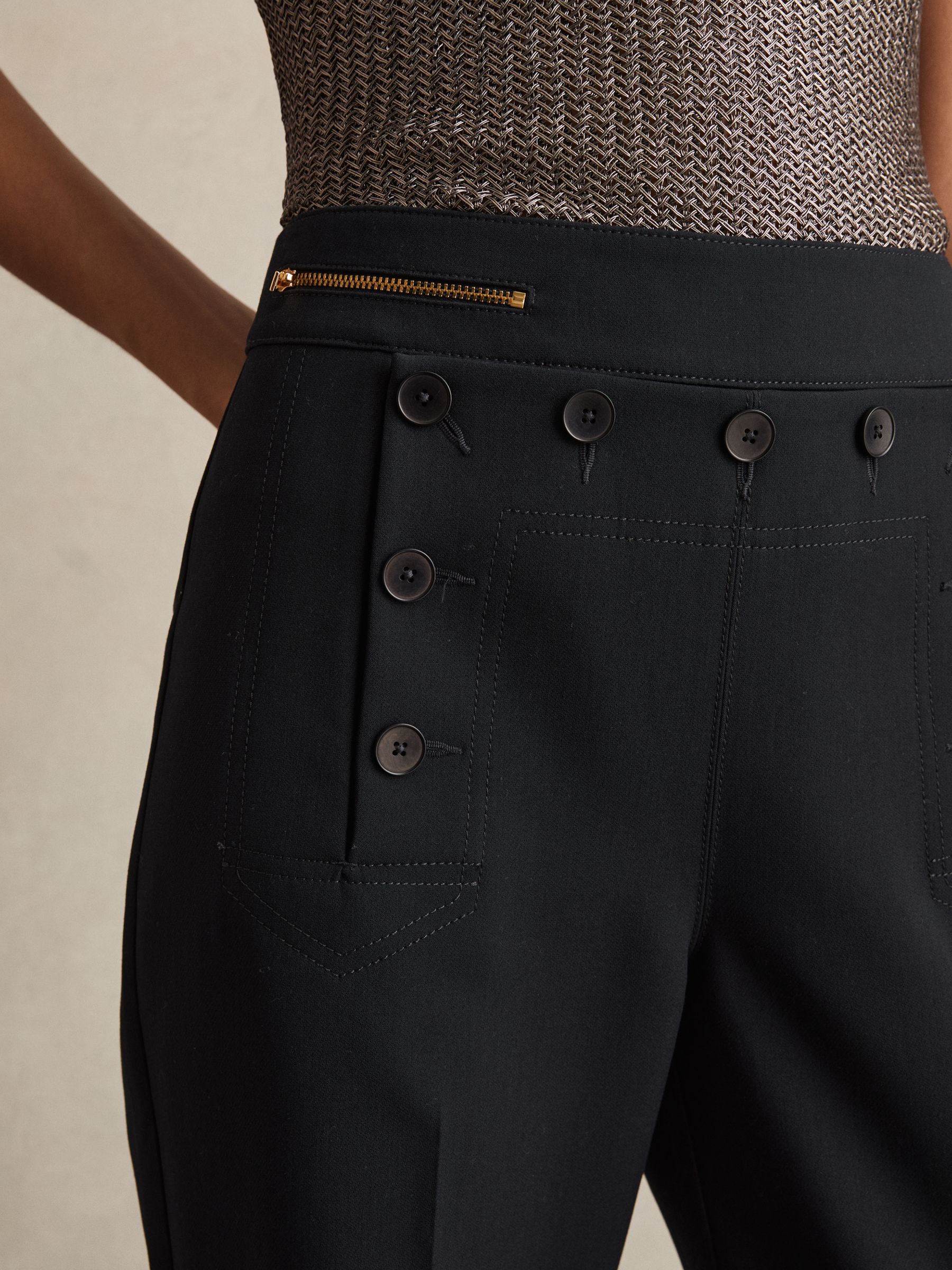 Button-Detail Wide-Leg Trousers in Navy