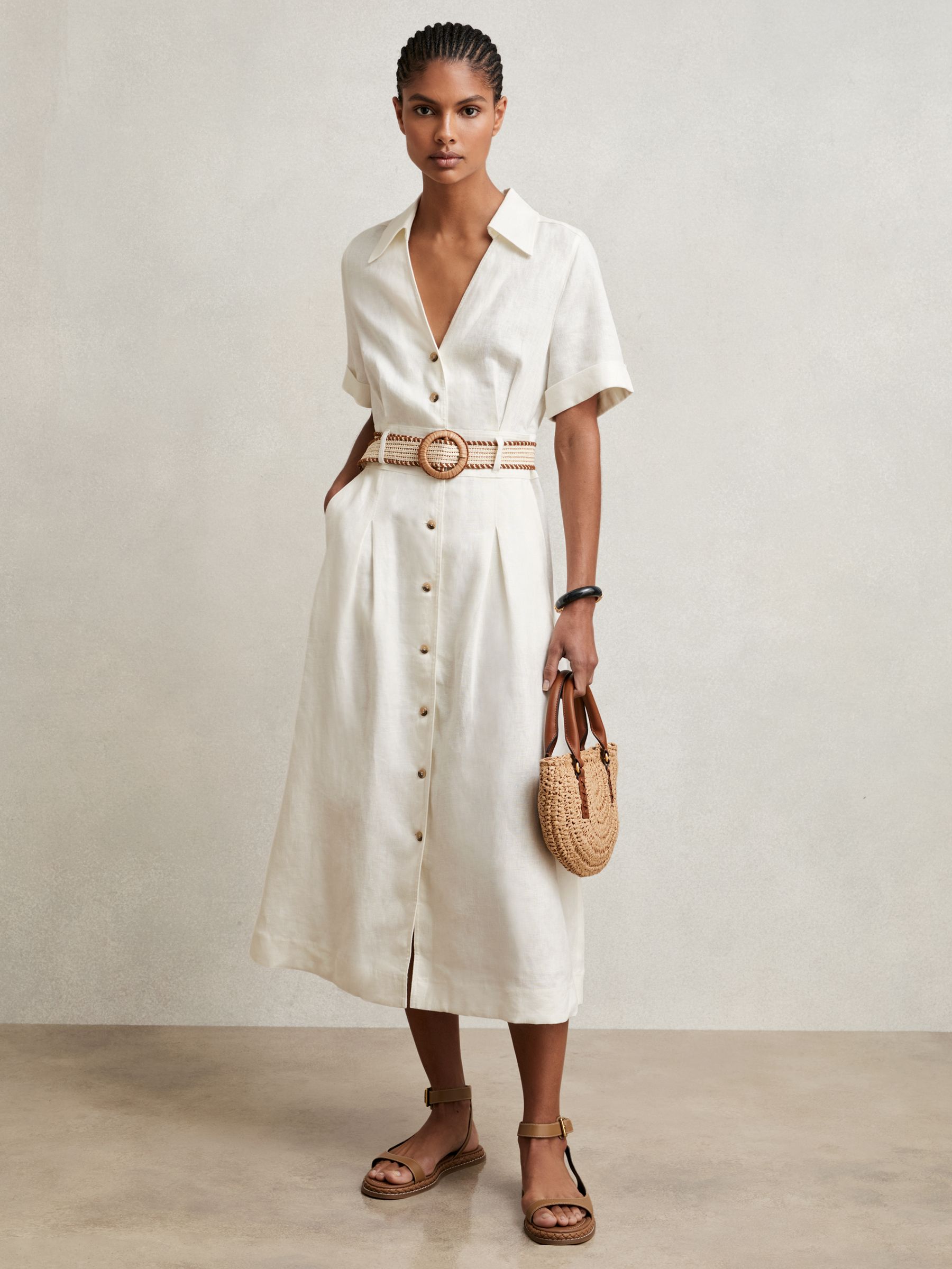 Linen Belted Midi Shirt Dress in Ivory