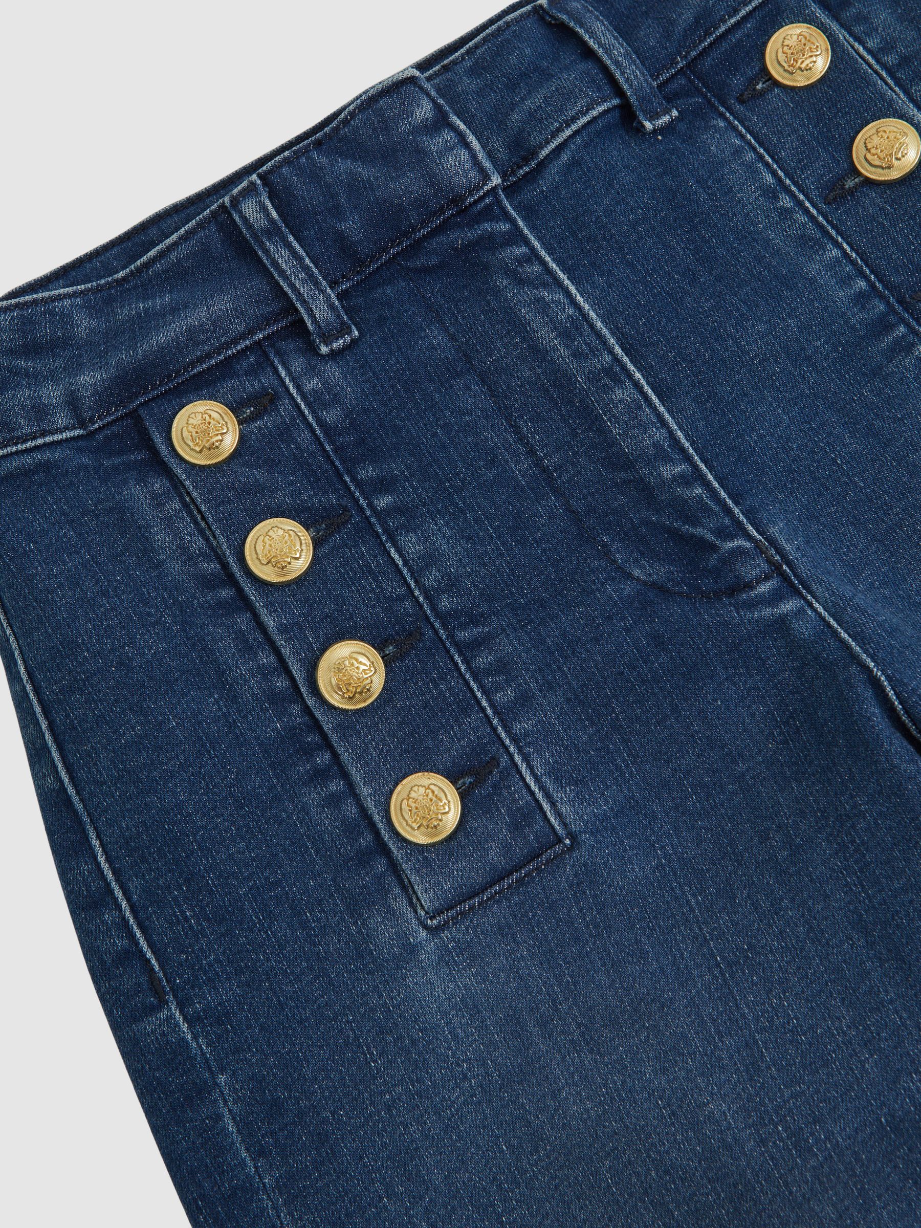 Petite Button-Detail High-Rise Flared Jeans in Mid Blue