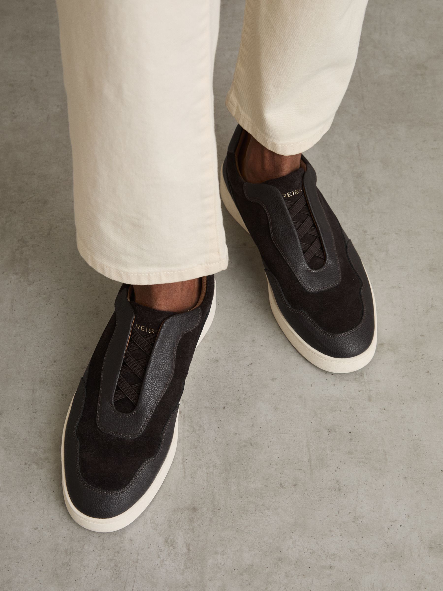 Leather Elasticated-Lace Trainers in Espresso Brown