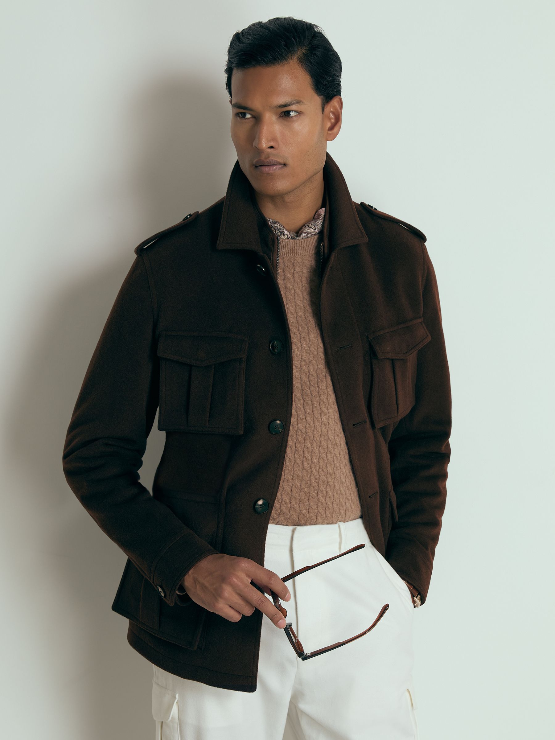 Atelier Felted-Cashmere Field Jacket in Chocolate Brown
