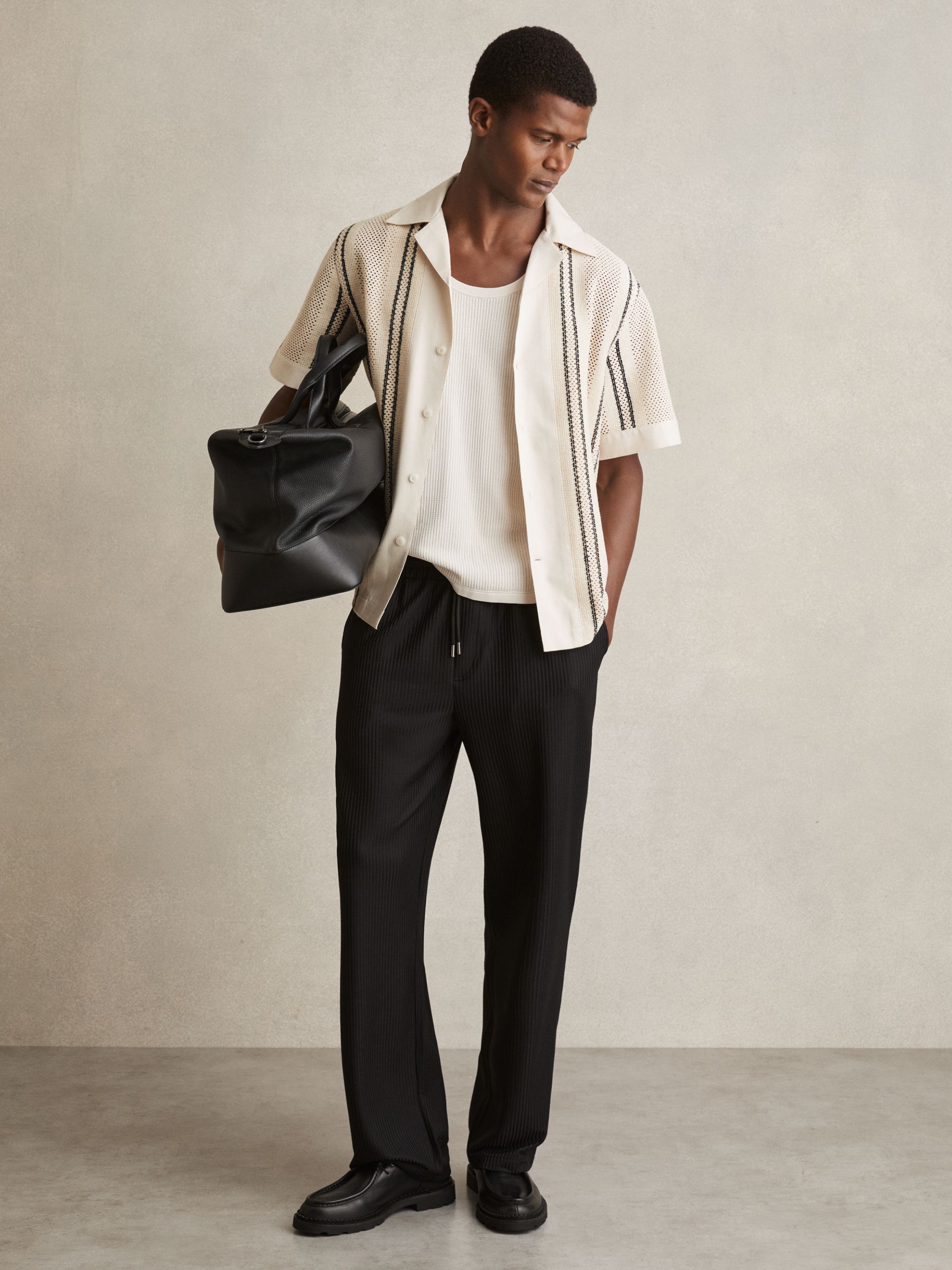 Crochet Stripe Cuban-Collar Shirt in Off White/Navy