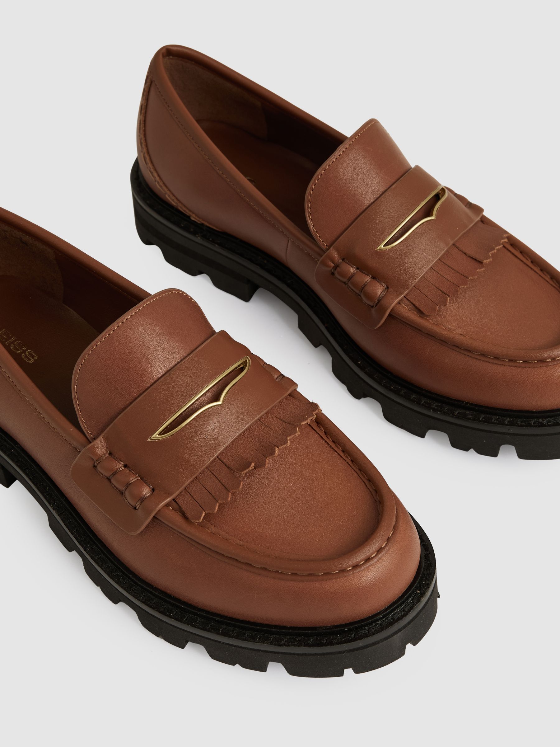 Leather Fringed Chunky Penny Loafers in Tan