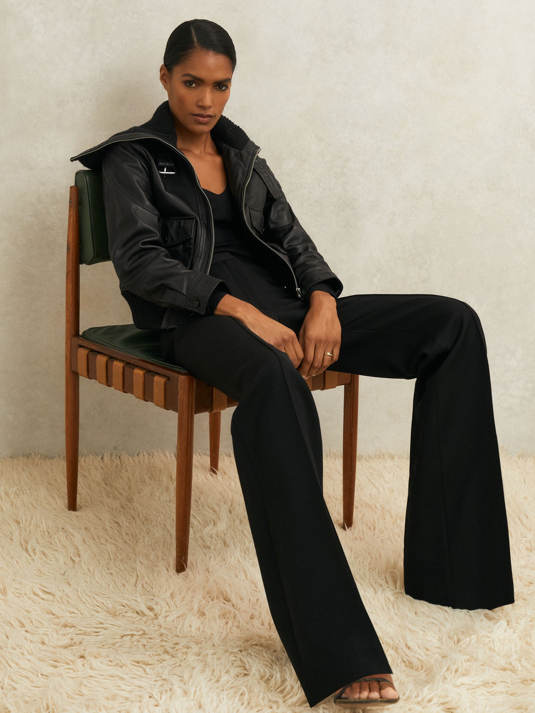 Atelier Leather Rib-Trim Jacket in Black