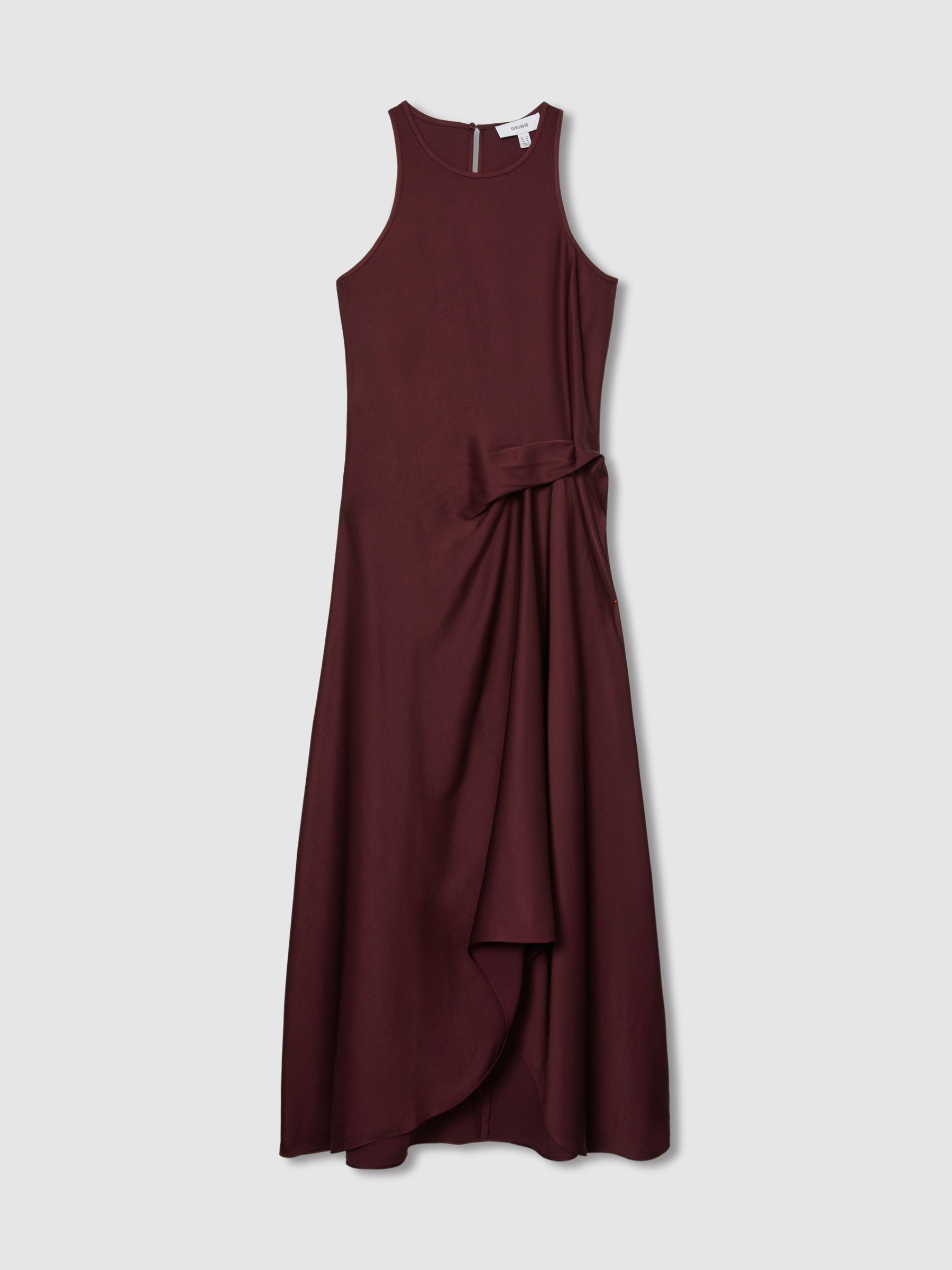 Satin Drape Tuck Midi Dress in Burgundy