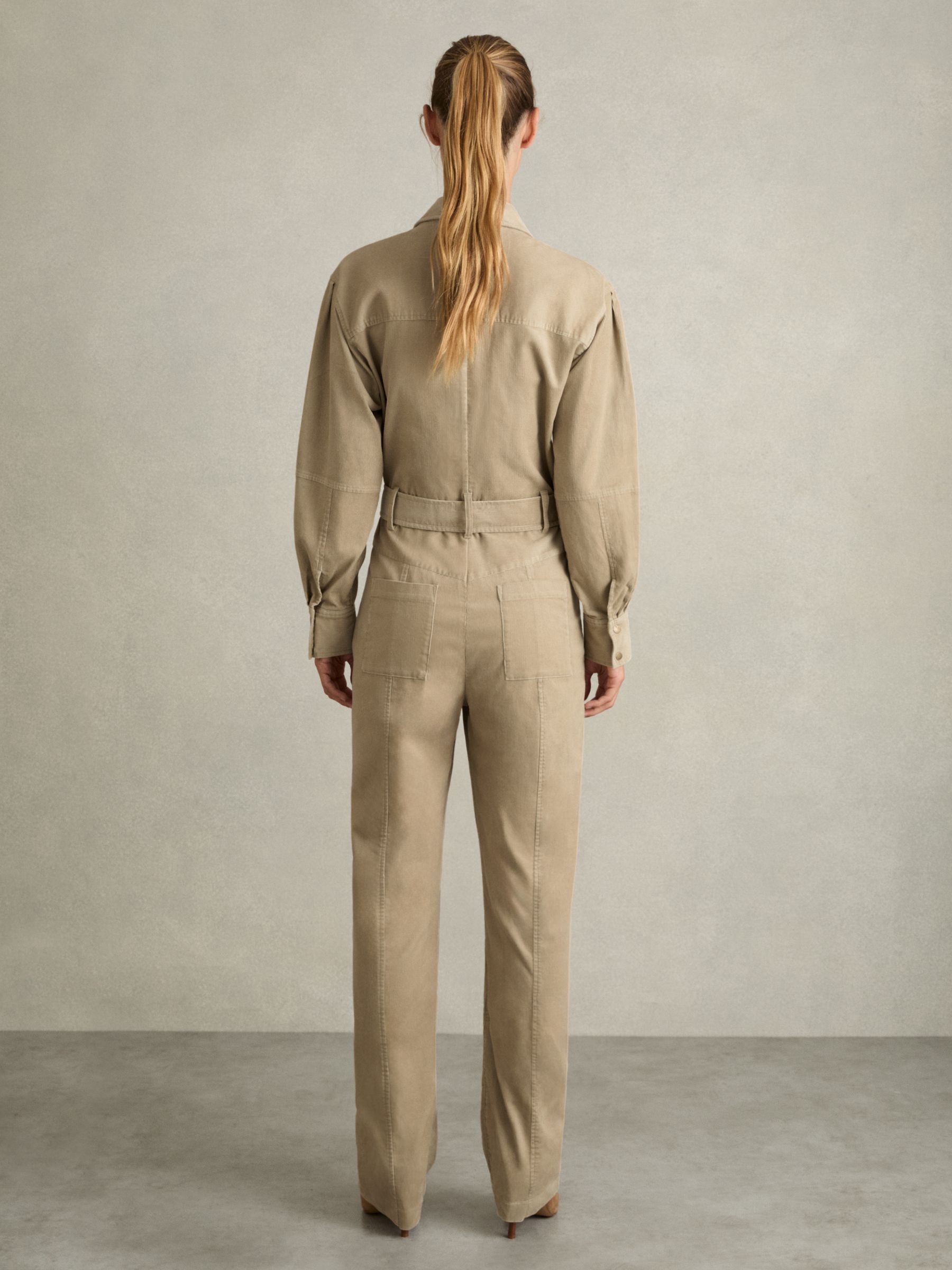 Cotton Corduroy Tapered Jumpsuit With Stretch in Neutral