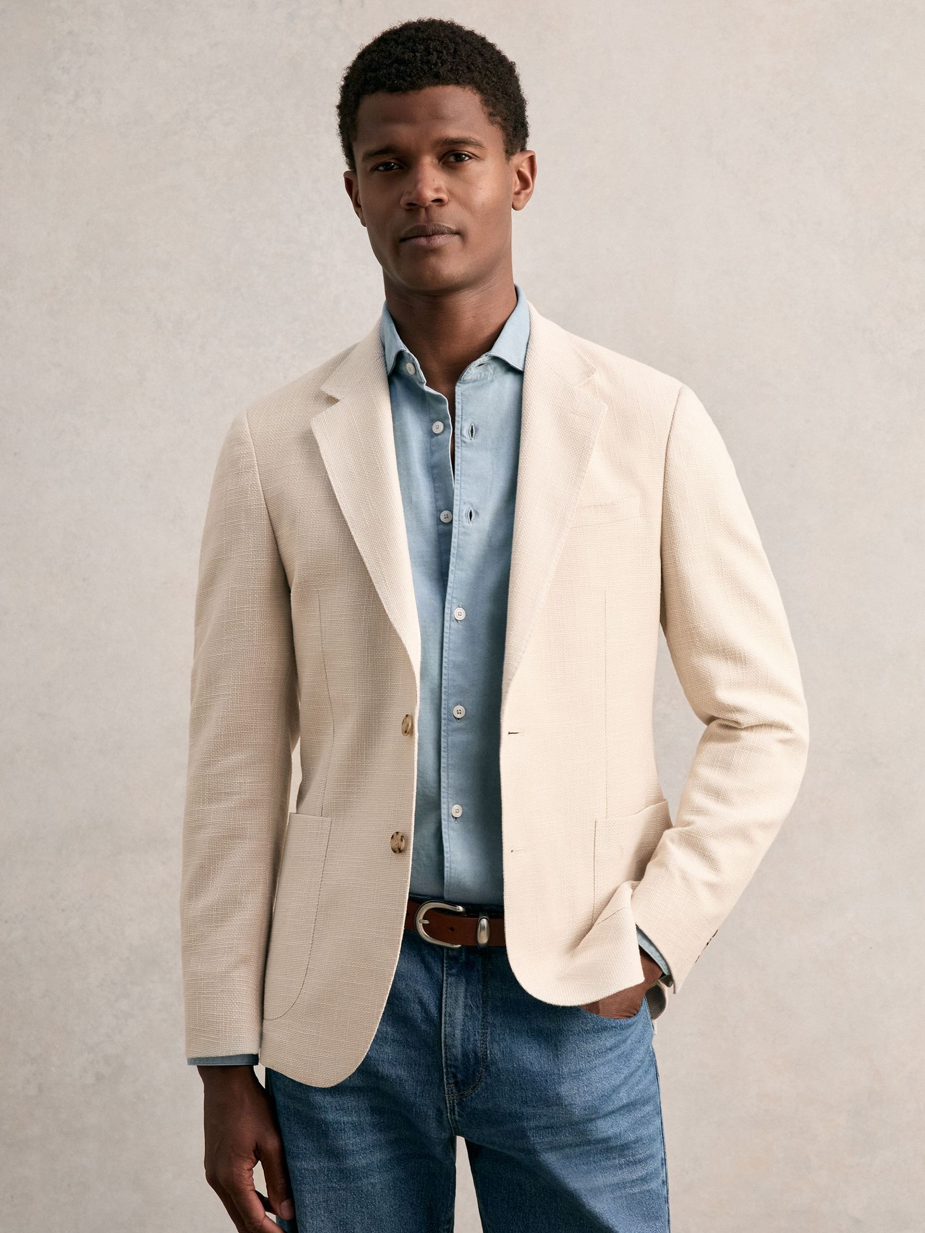 Slim Fit Single Breasted Textured Blazer with Cotton in Stone