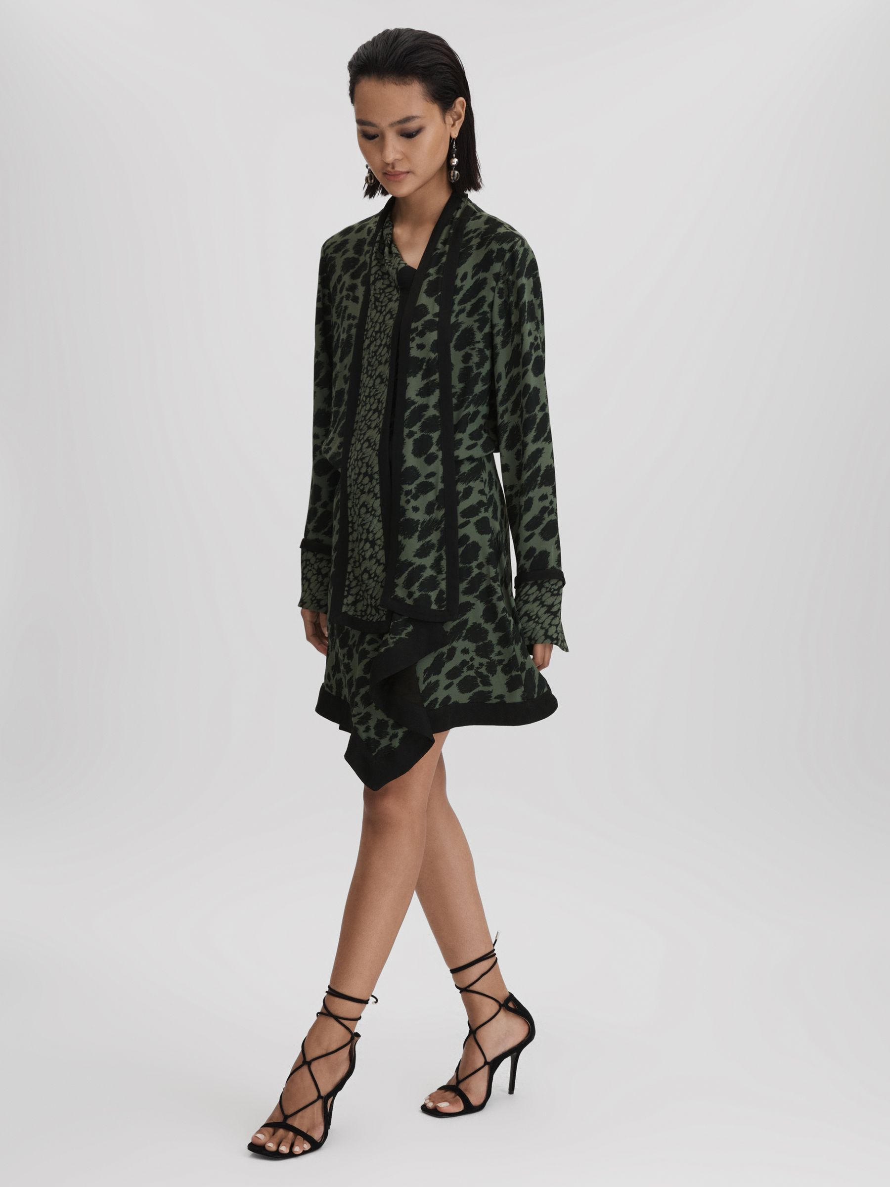 Printed Tie Neck Mini Dress in Black/Dark Khaki