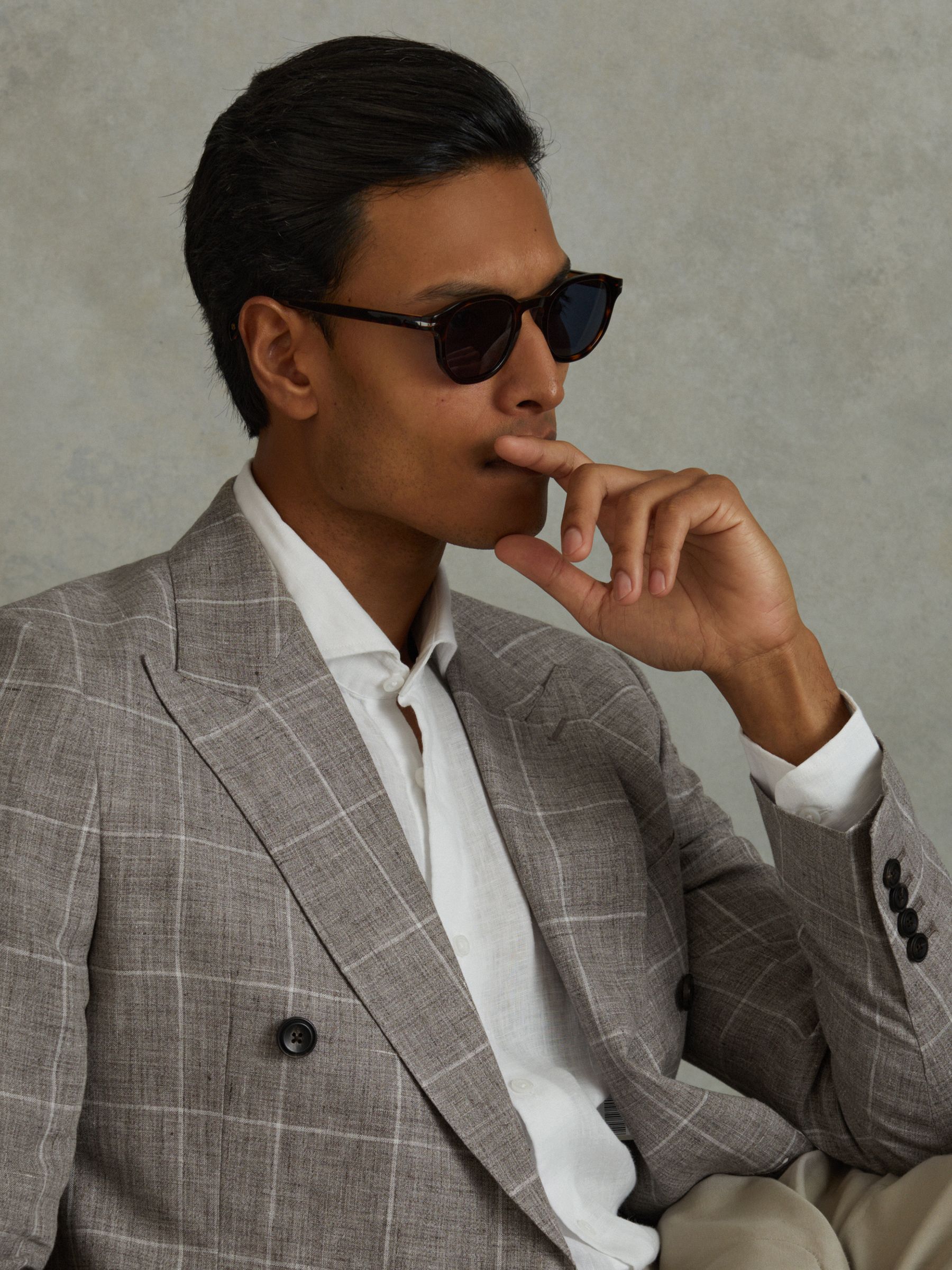 Linen Double Breasted Check Blazer in Light Taupe