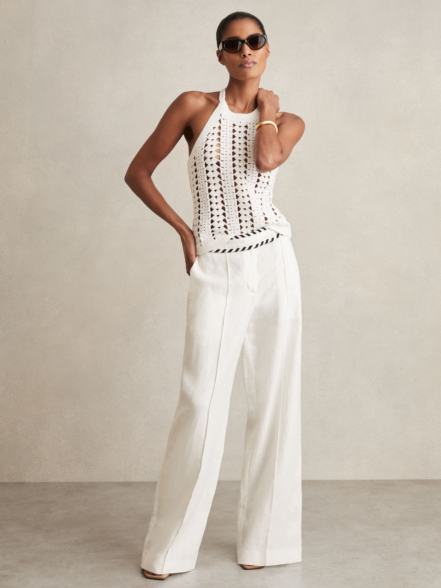 Petite Linen Wide-Leg Whipstitch Trousers in White
