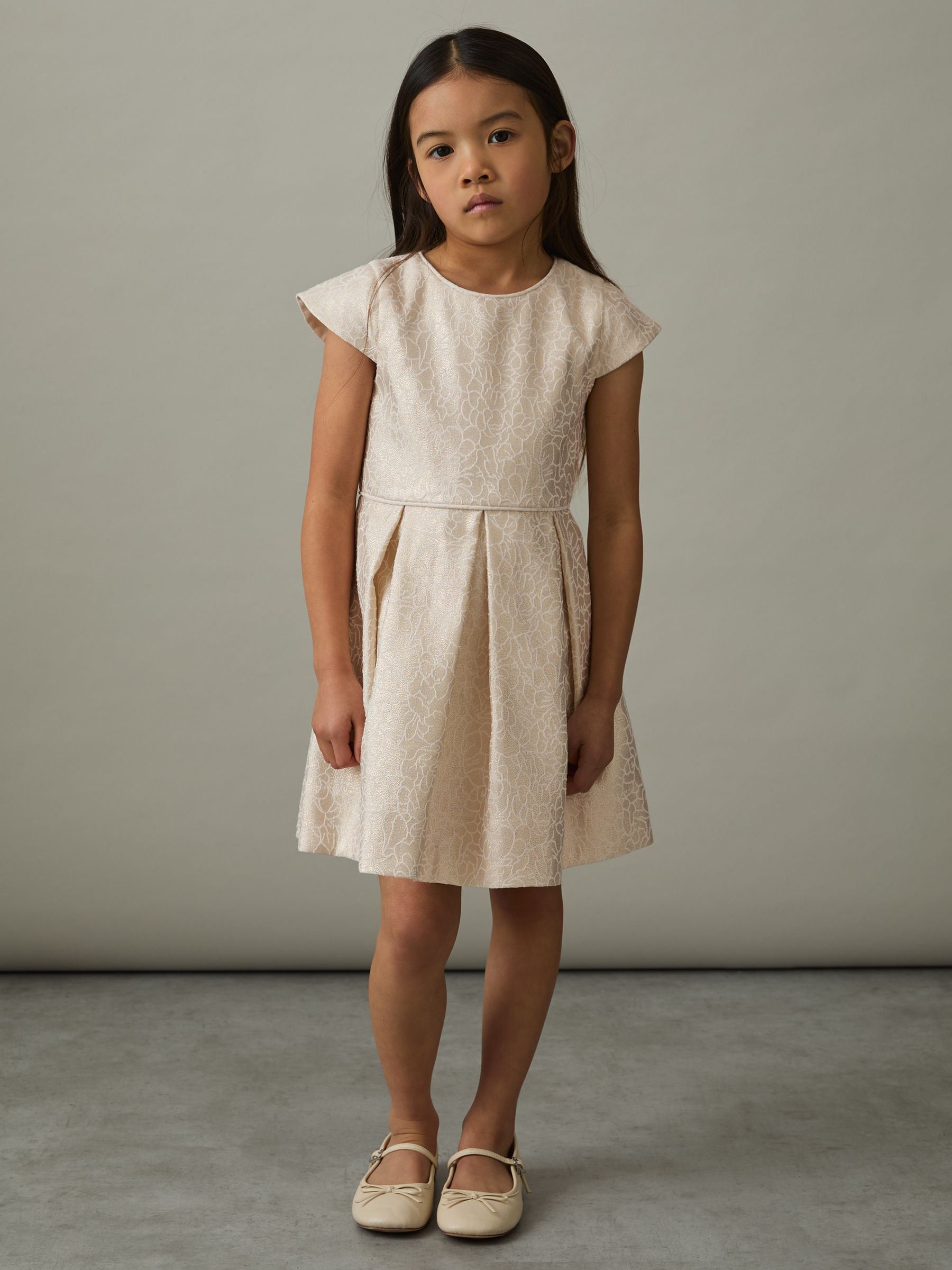 4-9 yrs Brocade Cap-Sleeve Pleated Dress in Ivory
