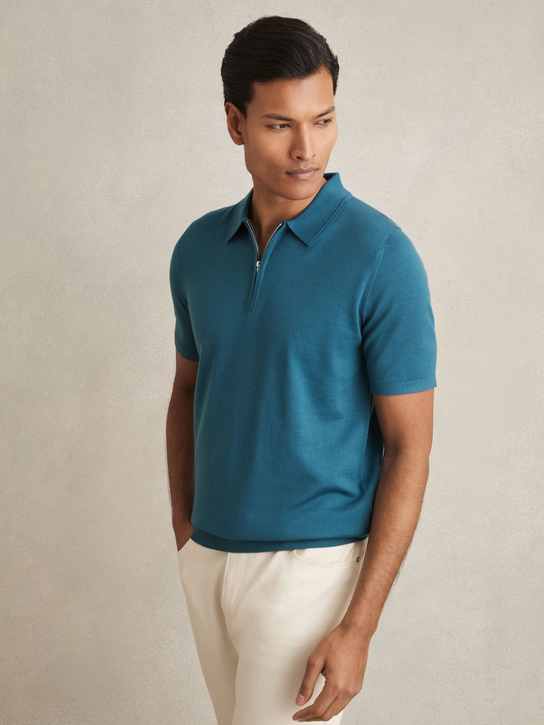 Merino Wool Half-Zip Polo Shirt in Deep Teal Blue