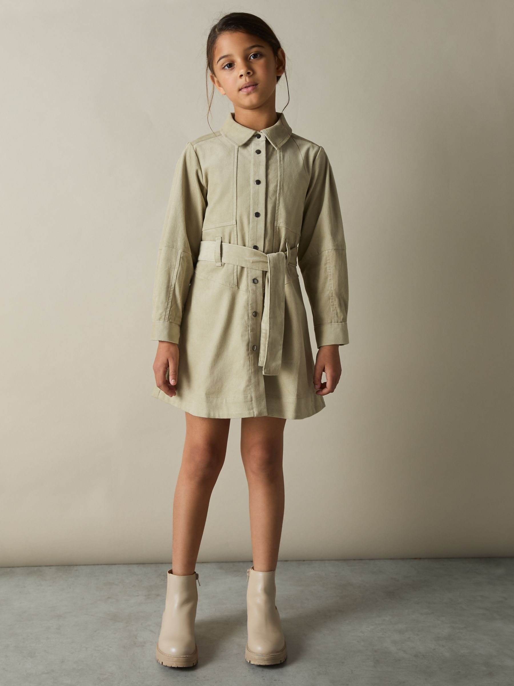 13-14 yrs Corduroy Belted Long-Sleeve Dress in Camel