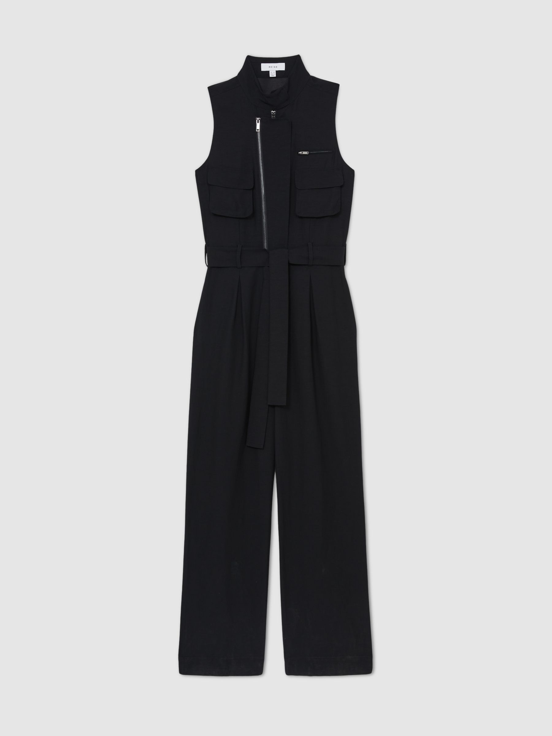 Utility Zip Through Jumpsuit With Linen in Black