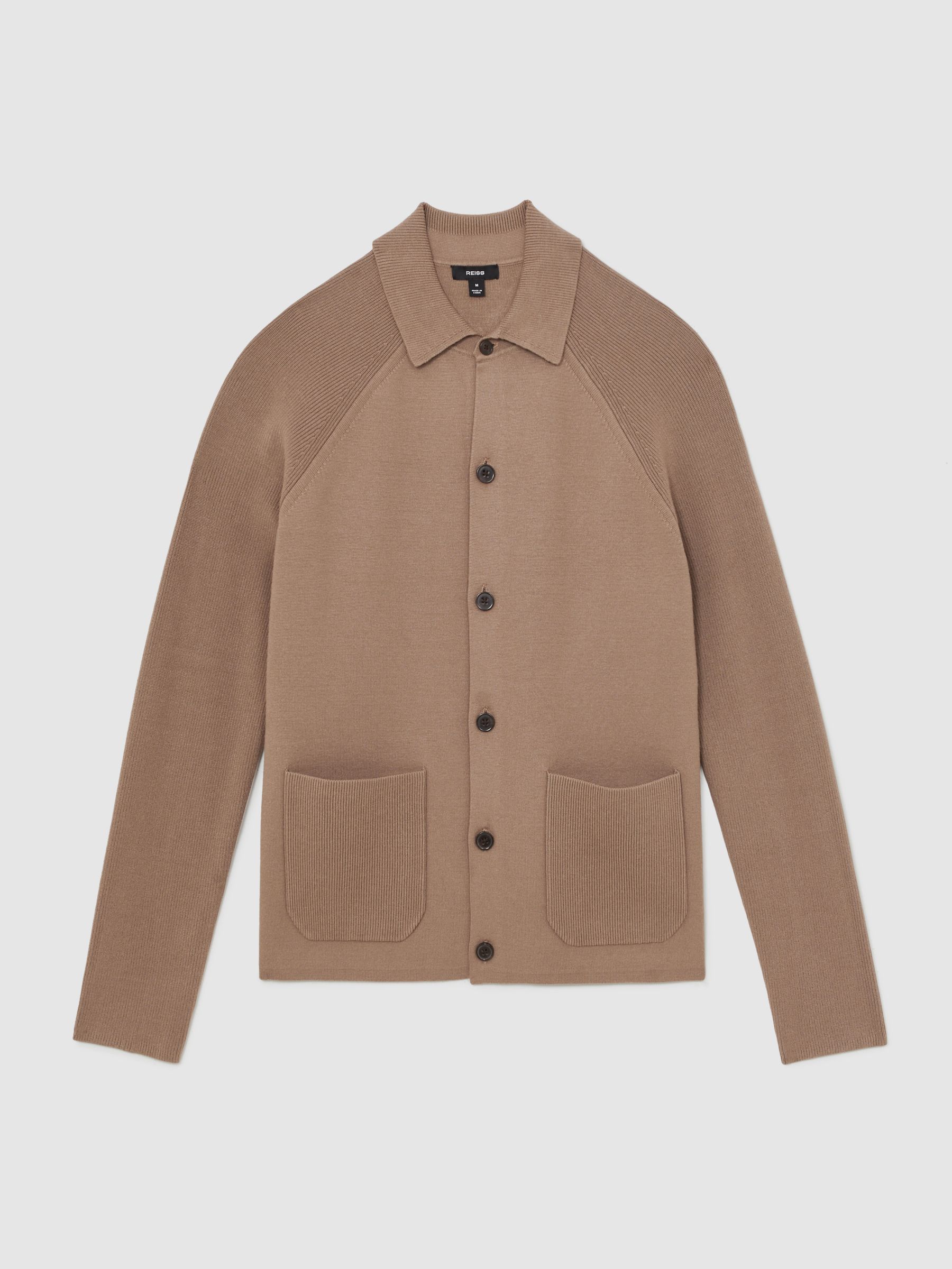 Button-Through Ribbed-Sleeve Shirt in Camel Brown