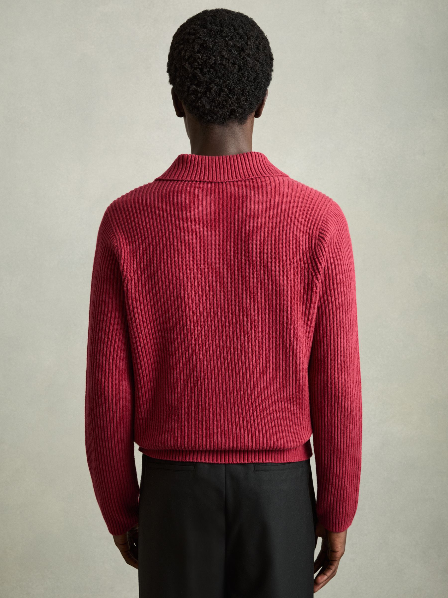 Rib Knit Open Collar Polo Shirt in Red