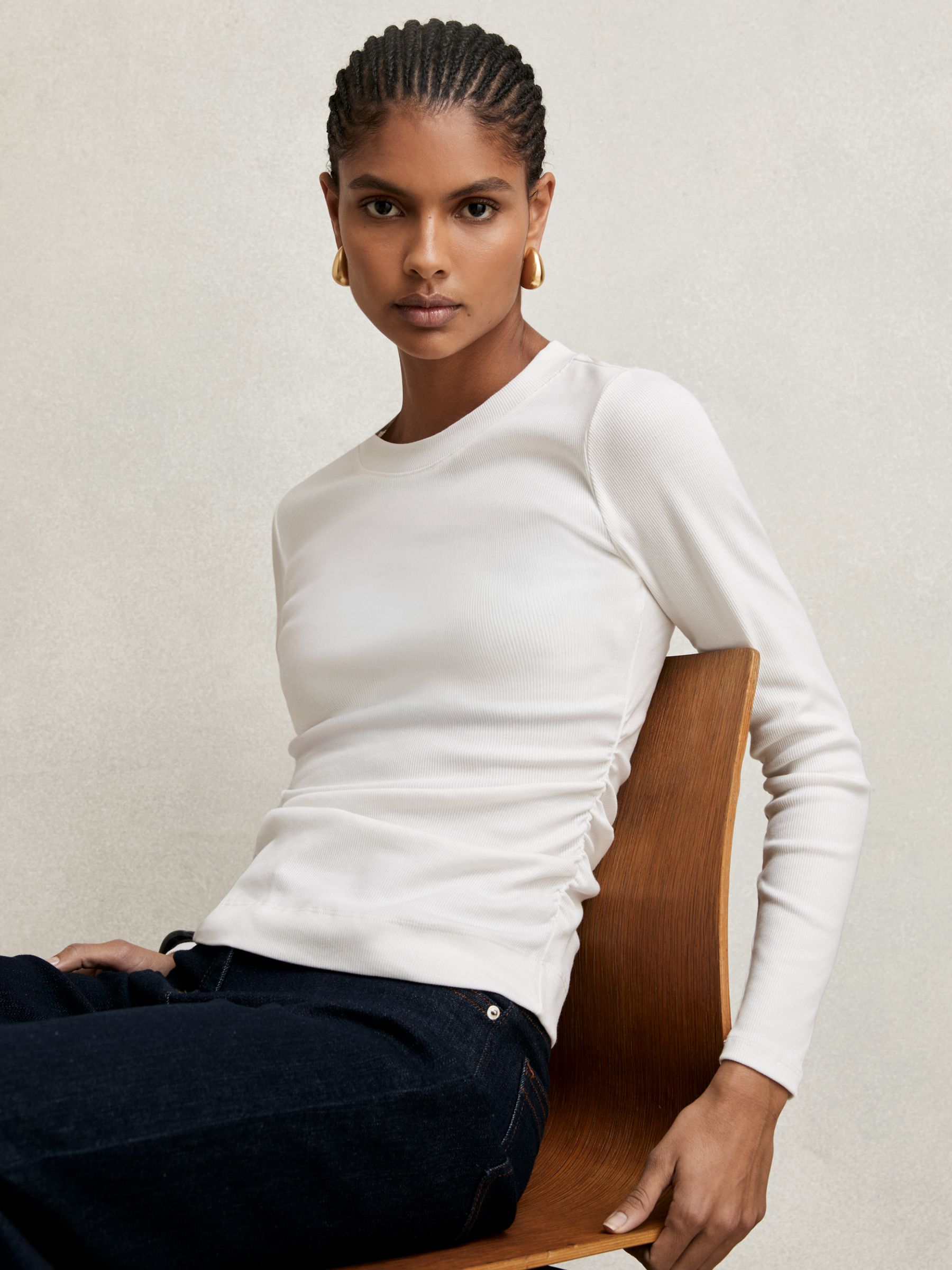 Cotton Long-Sleeve Ruched T-Shirt with Stretch in White