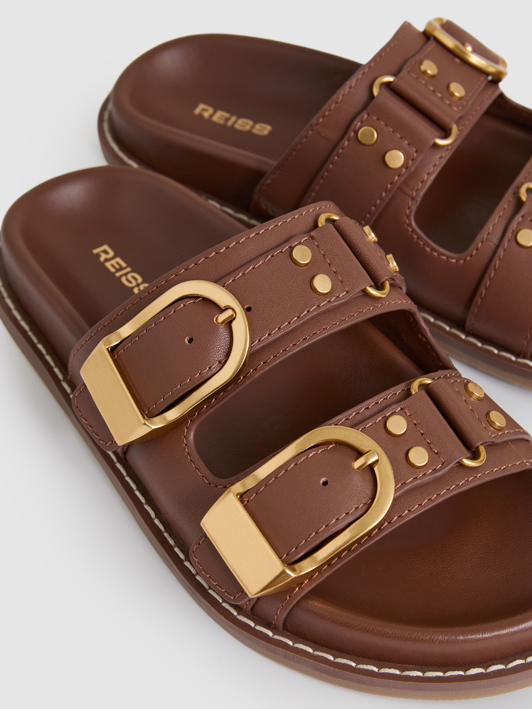Leather Buckled Slip-On Sandals in Tan