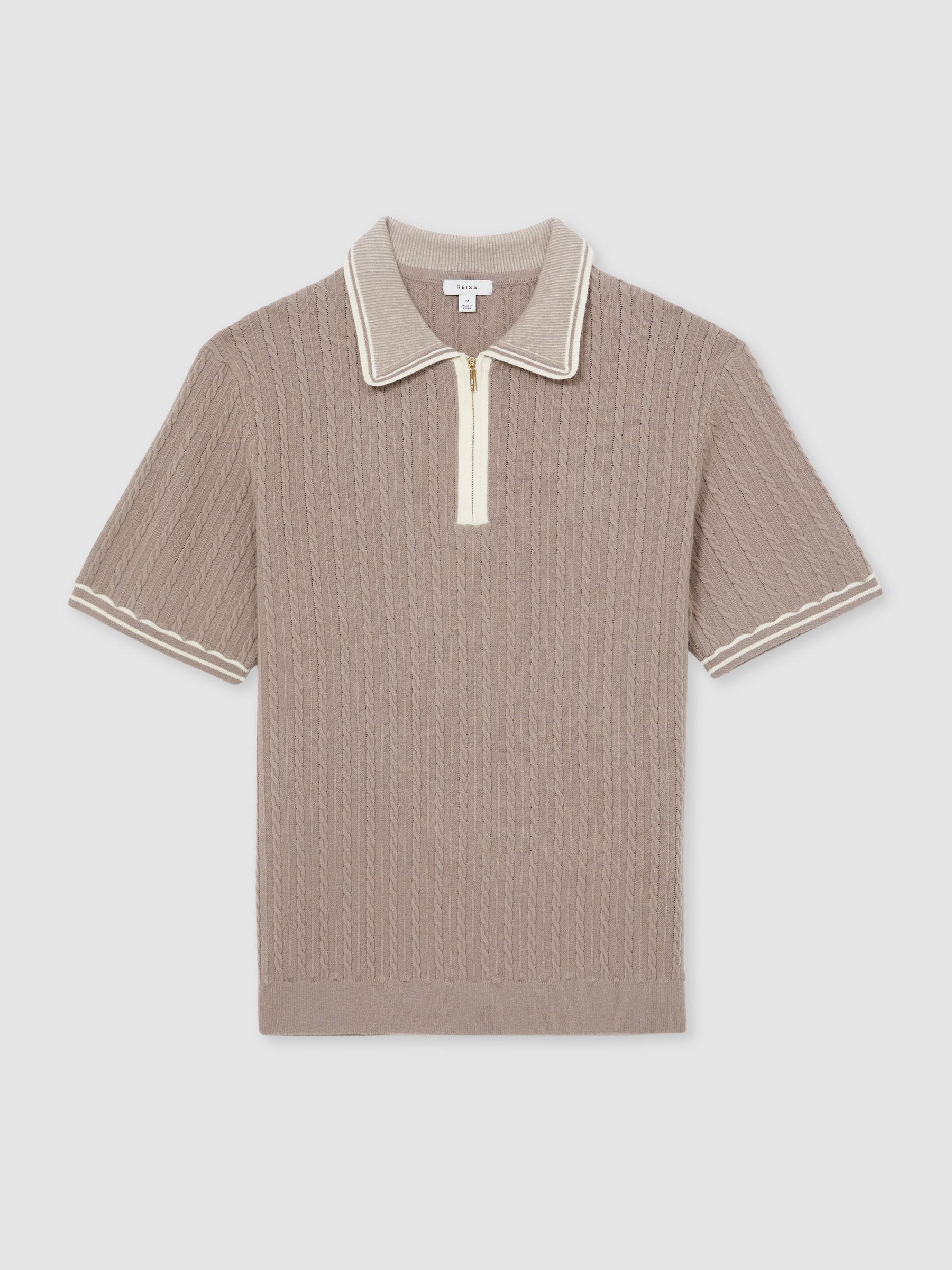 Micro-Cable Half-Zip Polo Shirt in Light Taupe Brown