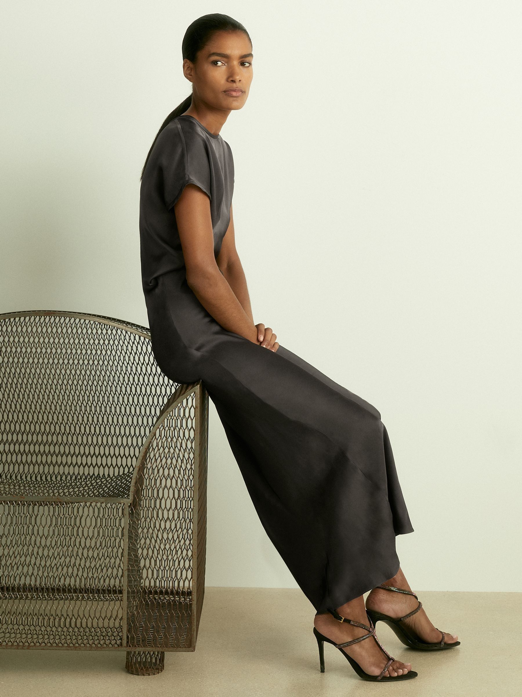 Satin Short-Sleeve Midi Dress in Charcoal