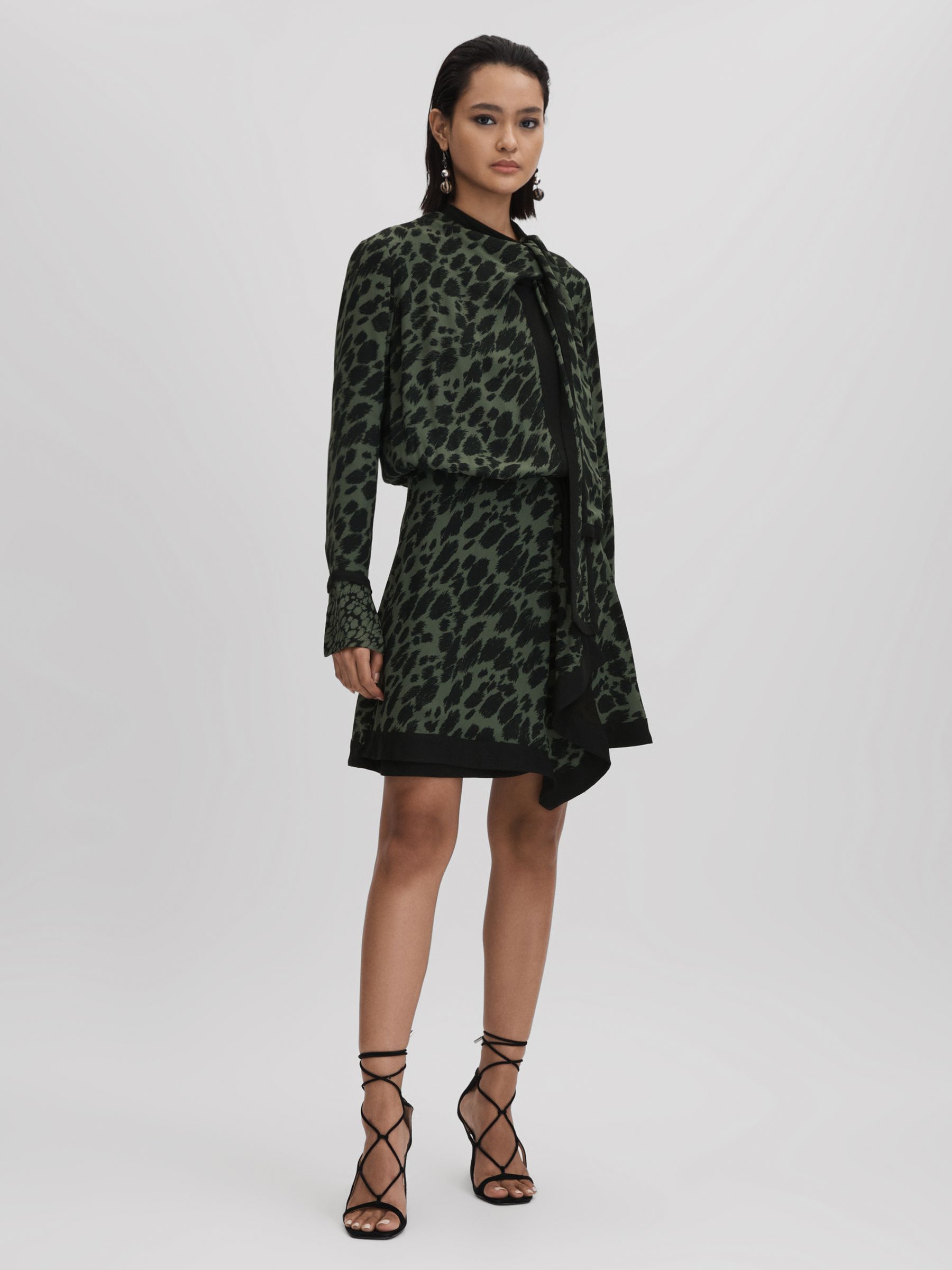 Printed Tie Neck Mini Dress in Black/Dark Khaki