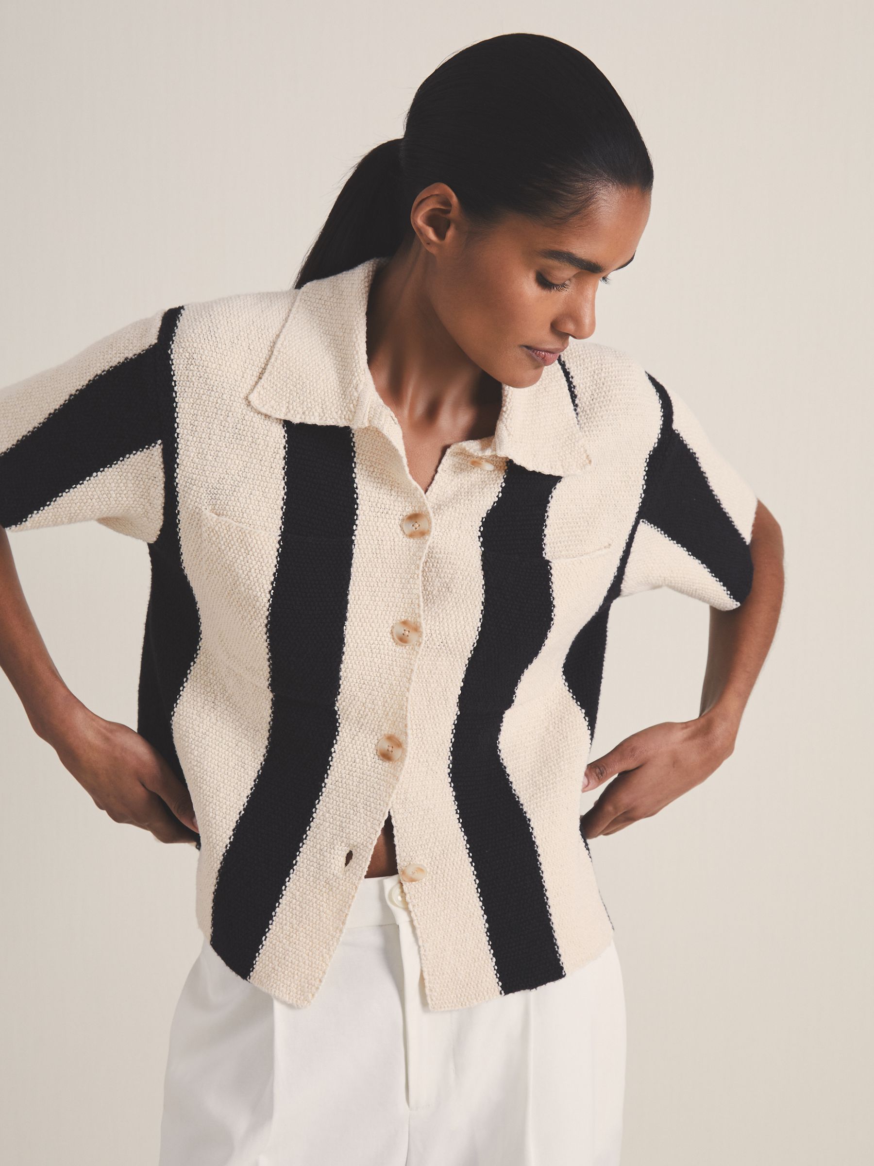 Reiss | Les 100 Ciels Stripe Knit Shirt in Black/Ivory