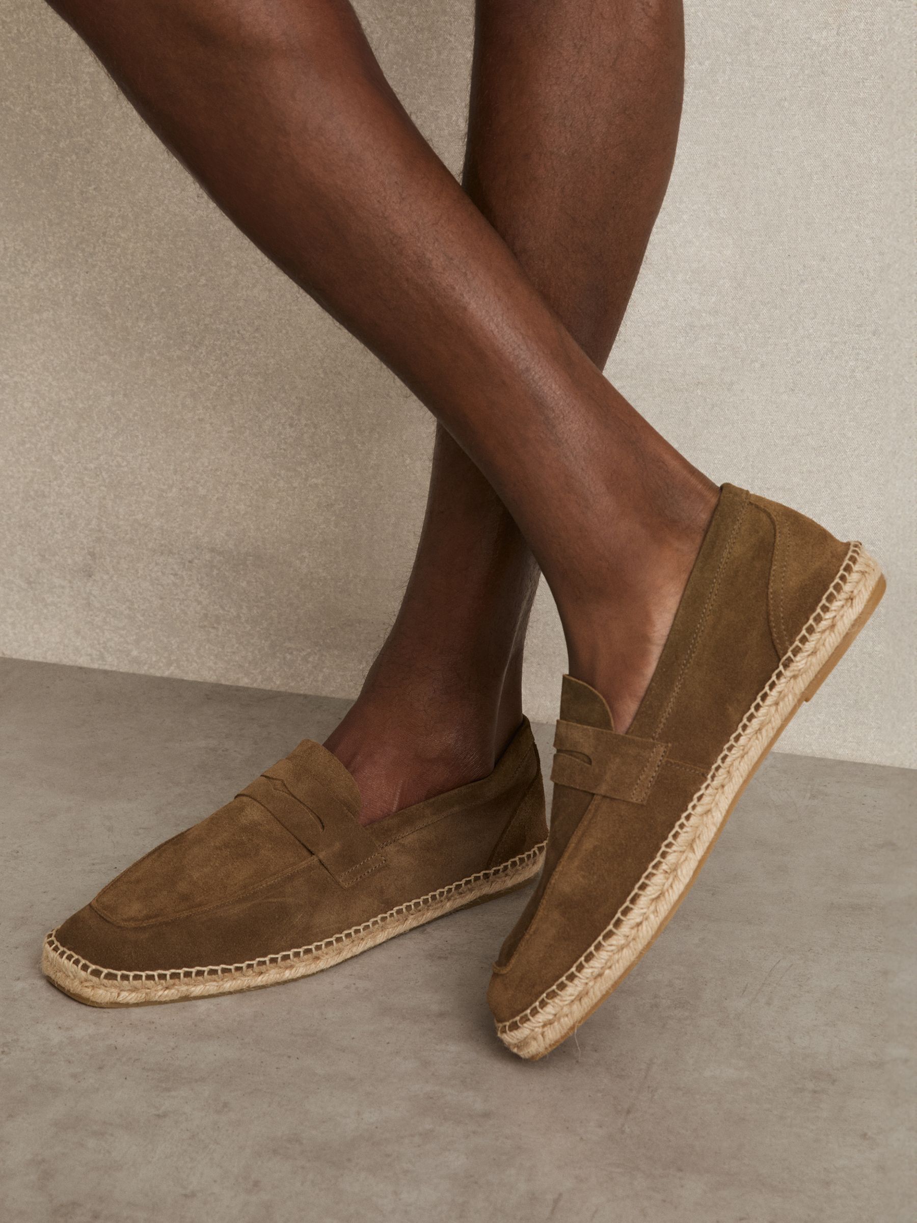 Suede Penny-Strap Espadrilles in Stone