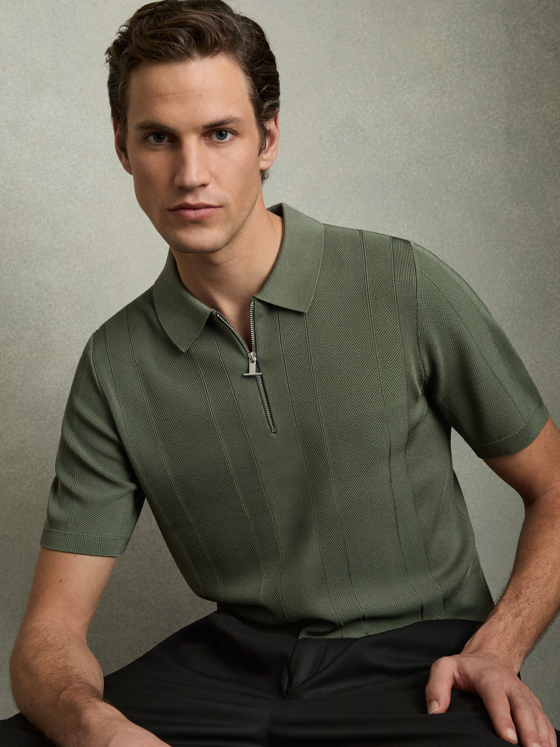 Half-Zip Textured-Knit Polo Shirt in Herb Green