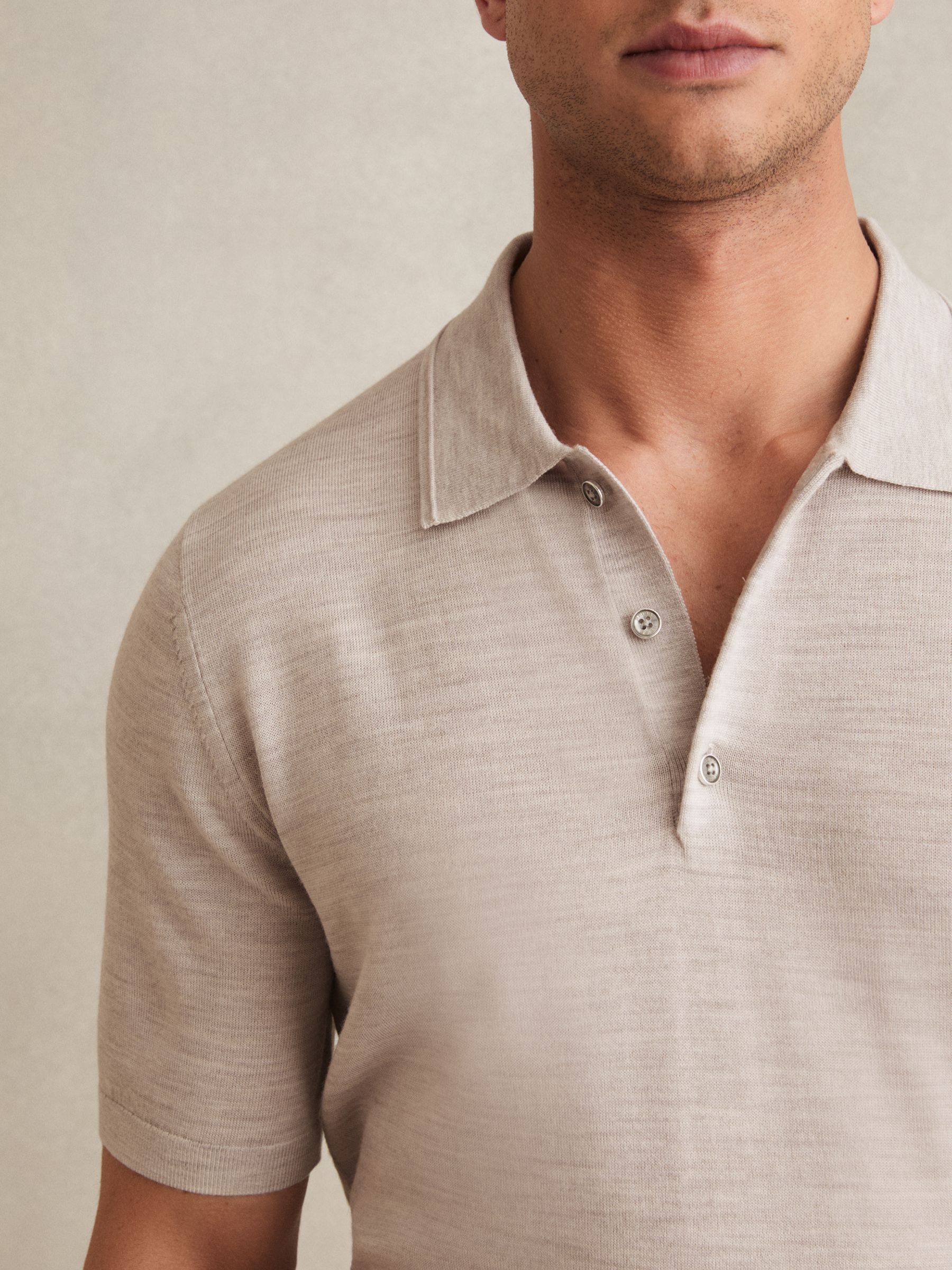 Merino Wool Short-Sleeve Polo Shirt in Wicker Brown Melange