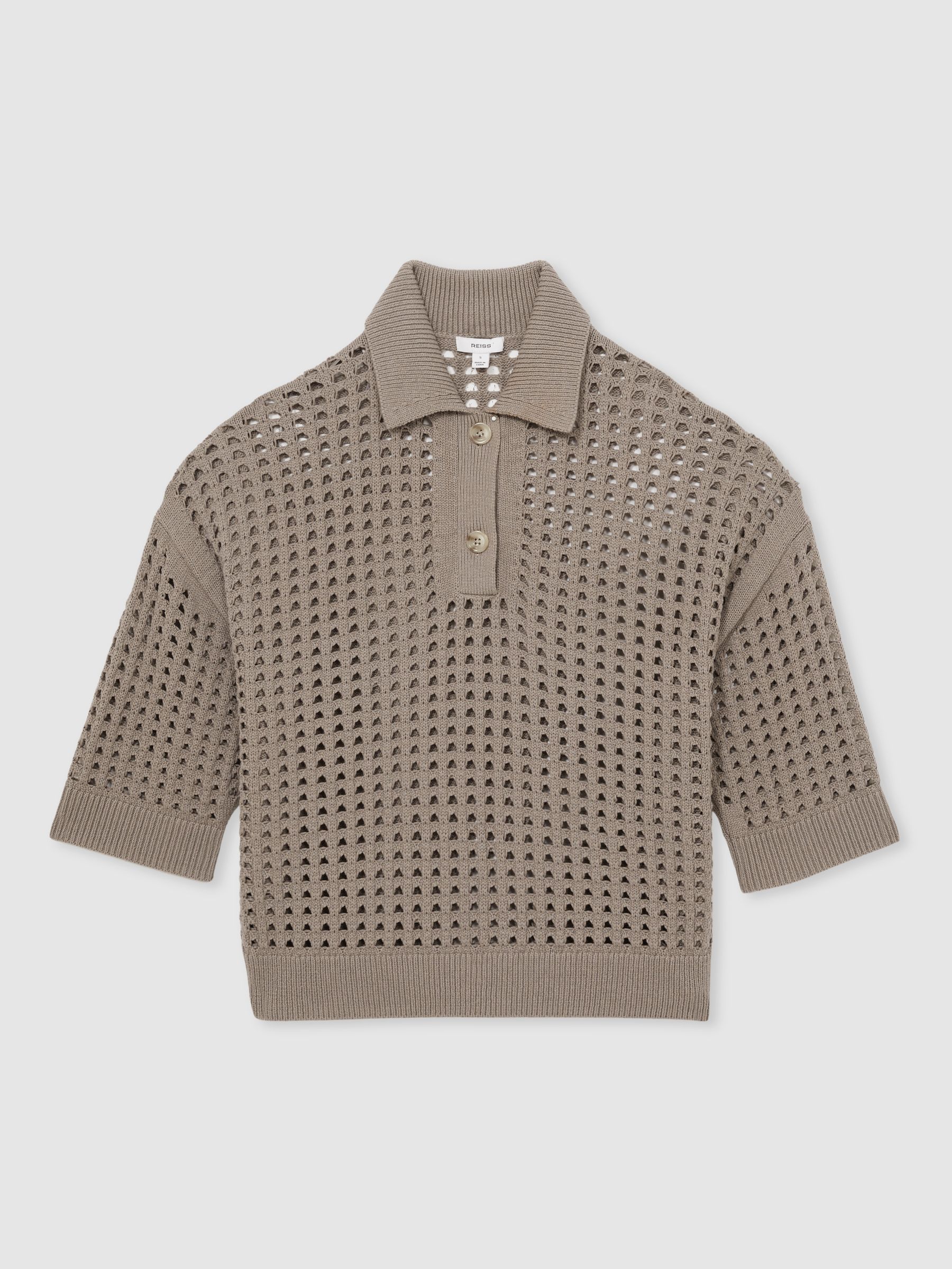 Cotton Crochet Collared Jumper in Stone