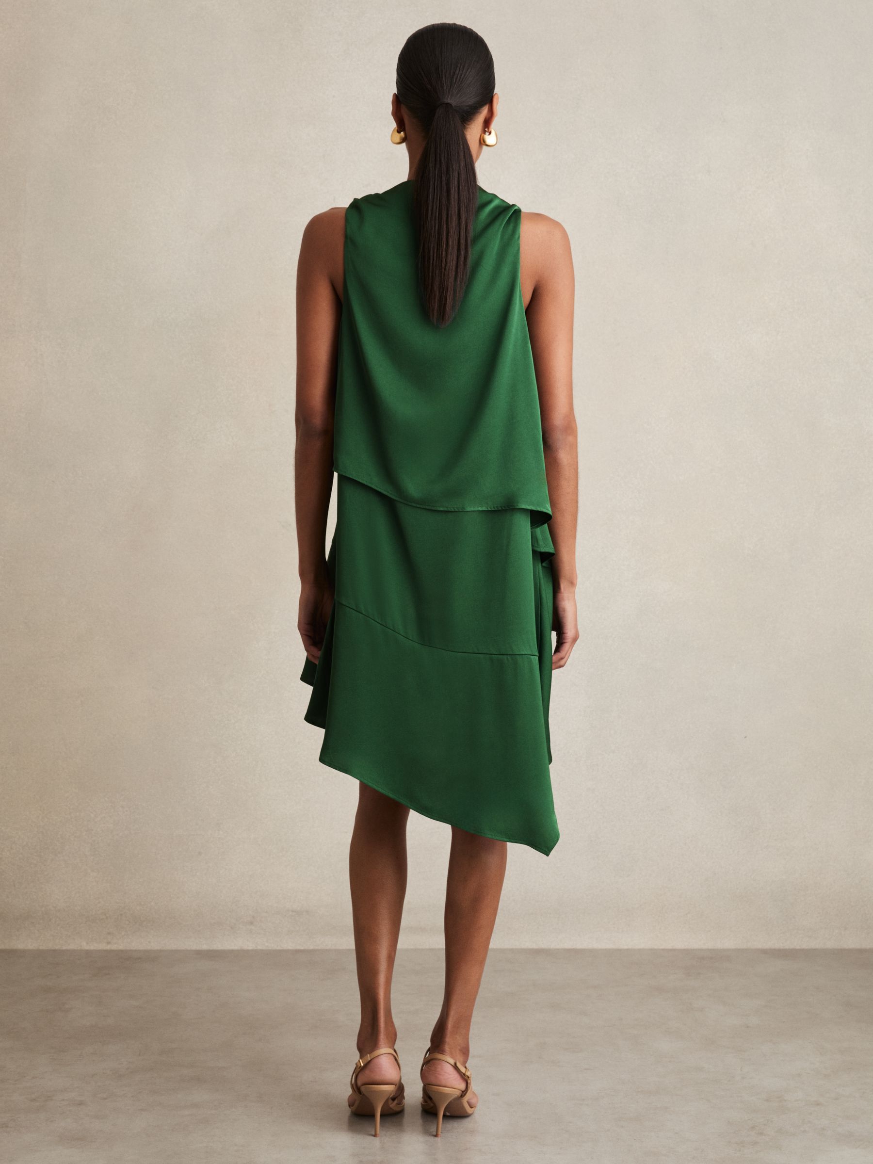 Satin Drape-Neck Layered Dress in Green