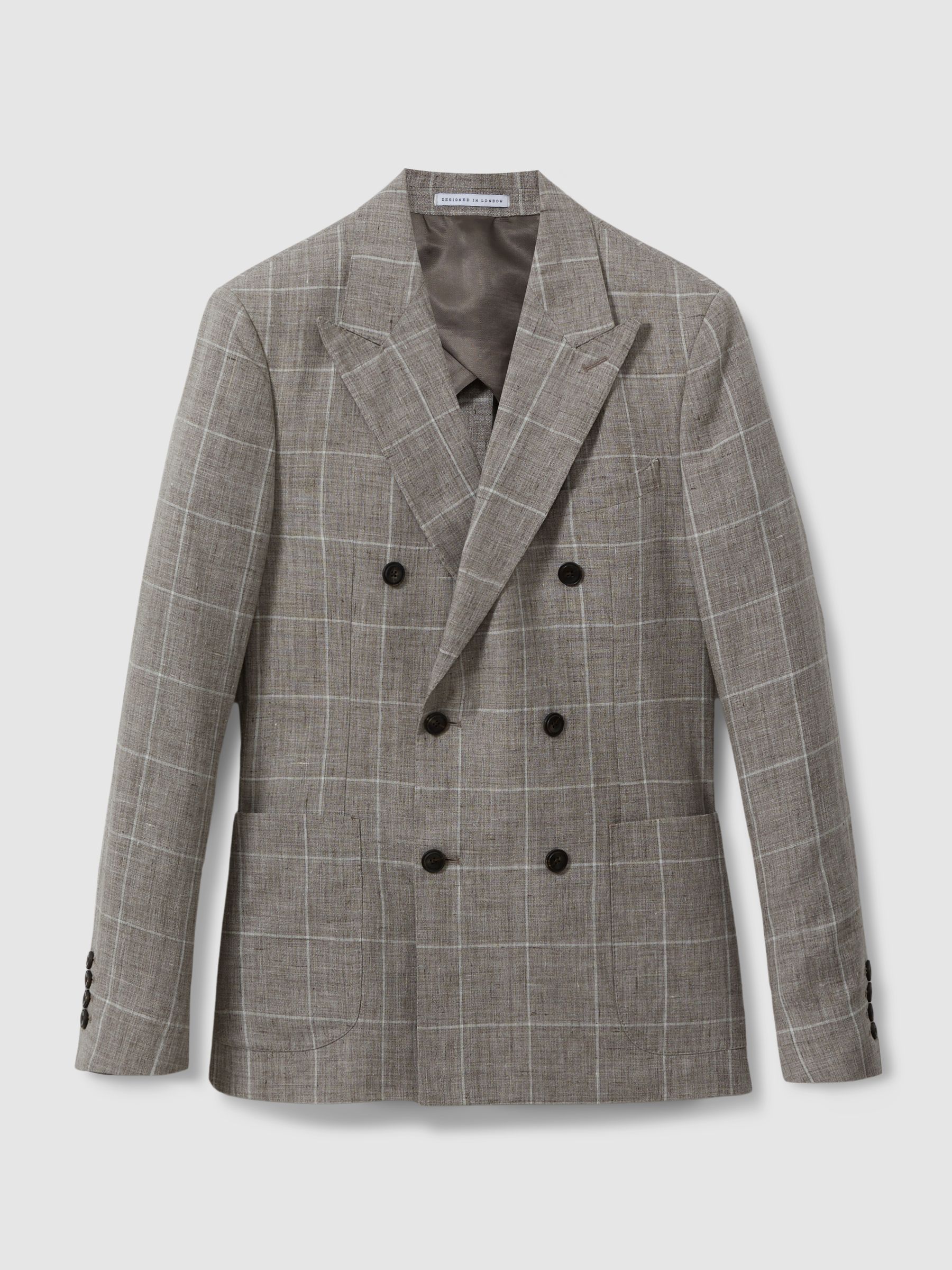Linen Double Breasted Check Blazer in Light Taupe