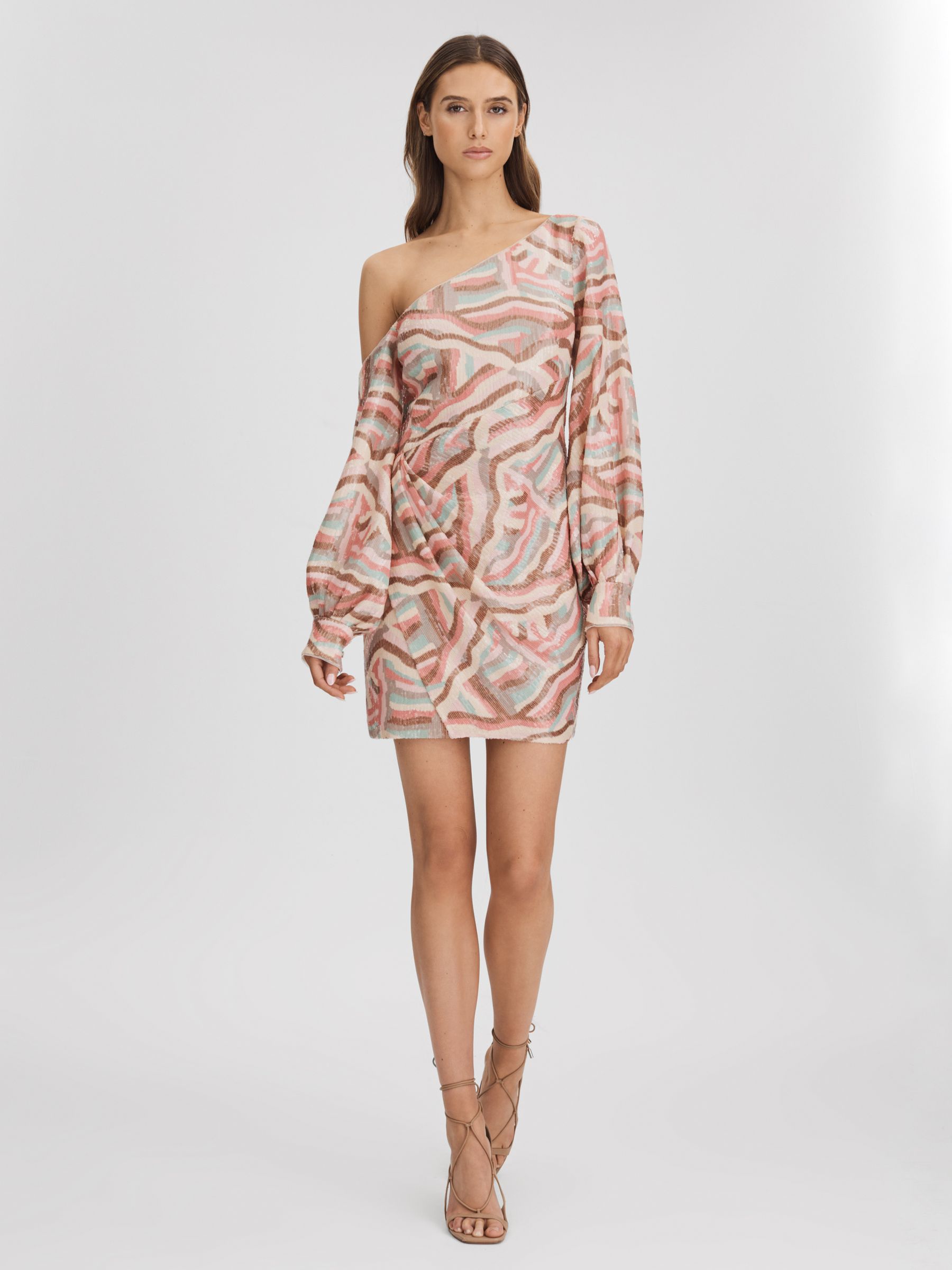 Halston Off-The-Shoulder Sequin Mini Dress in White Print