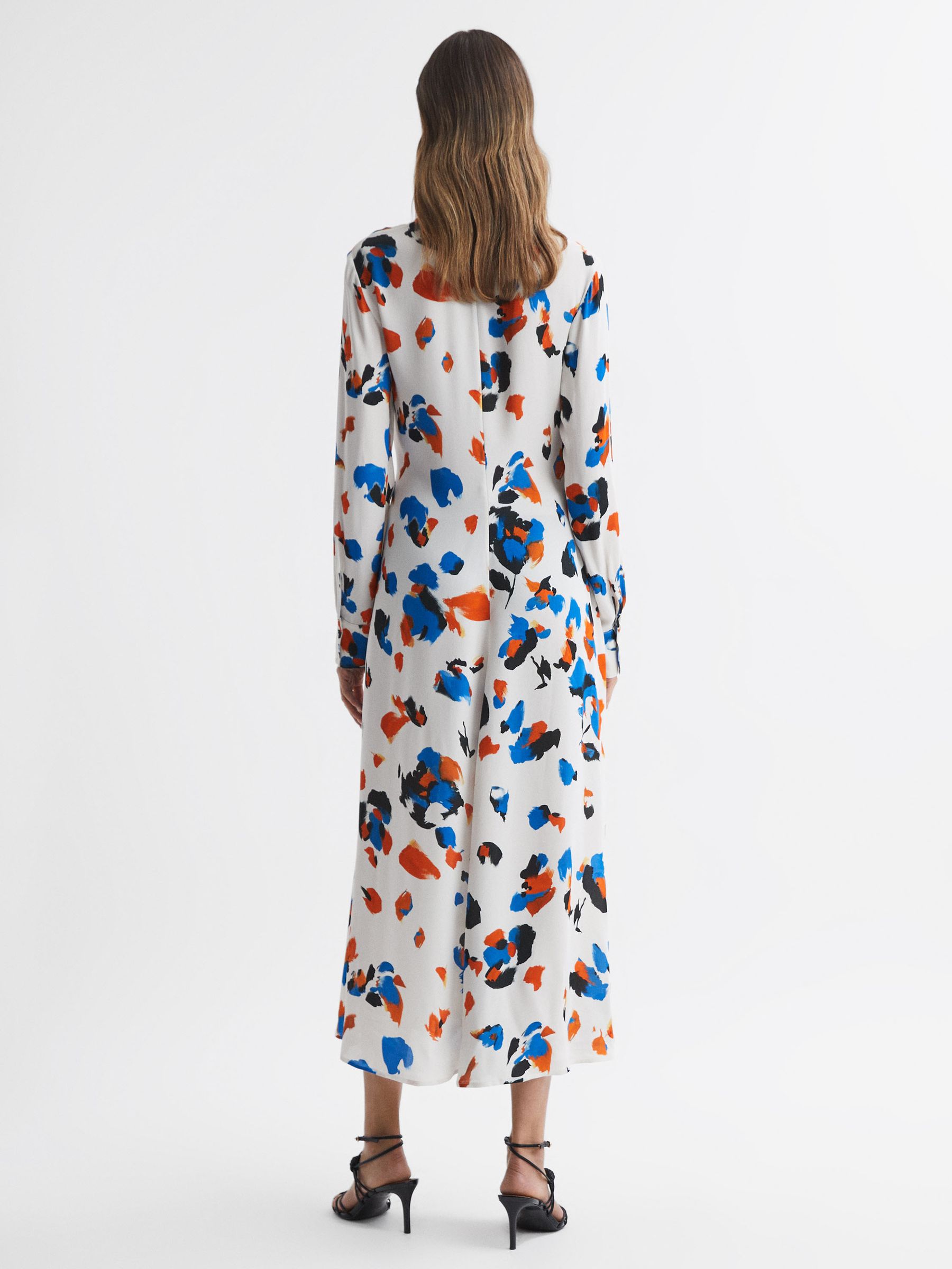 Printed Tie Neck Midi Dress in Blue
