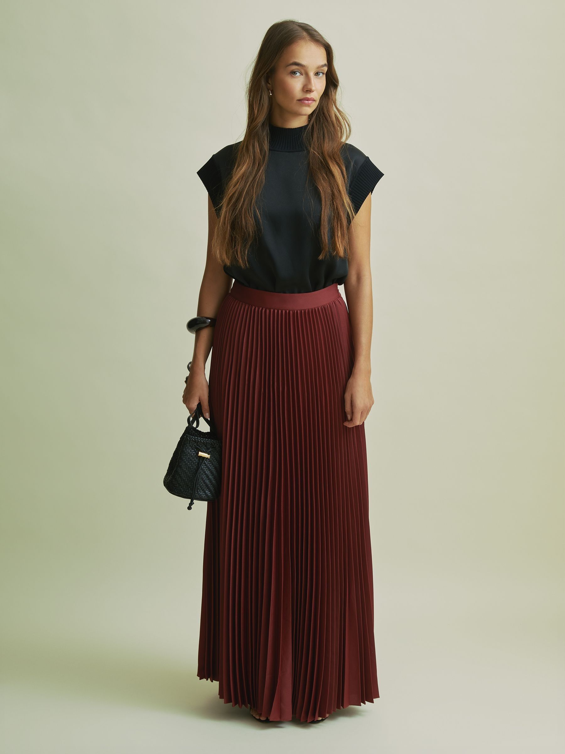 Florere Cinnamon Pleated Satin Maxi Skirt in Cinnamon