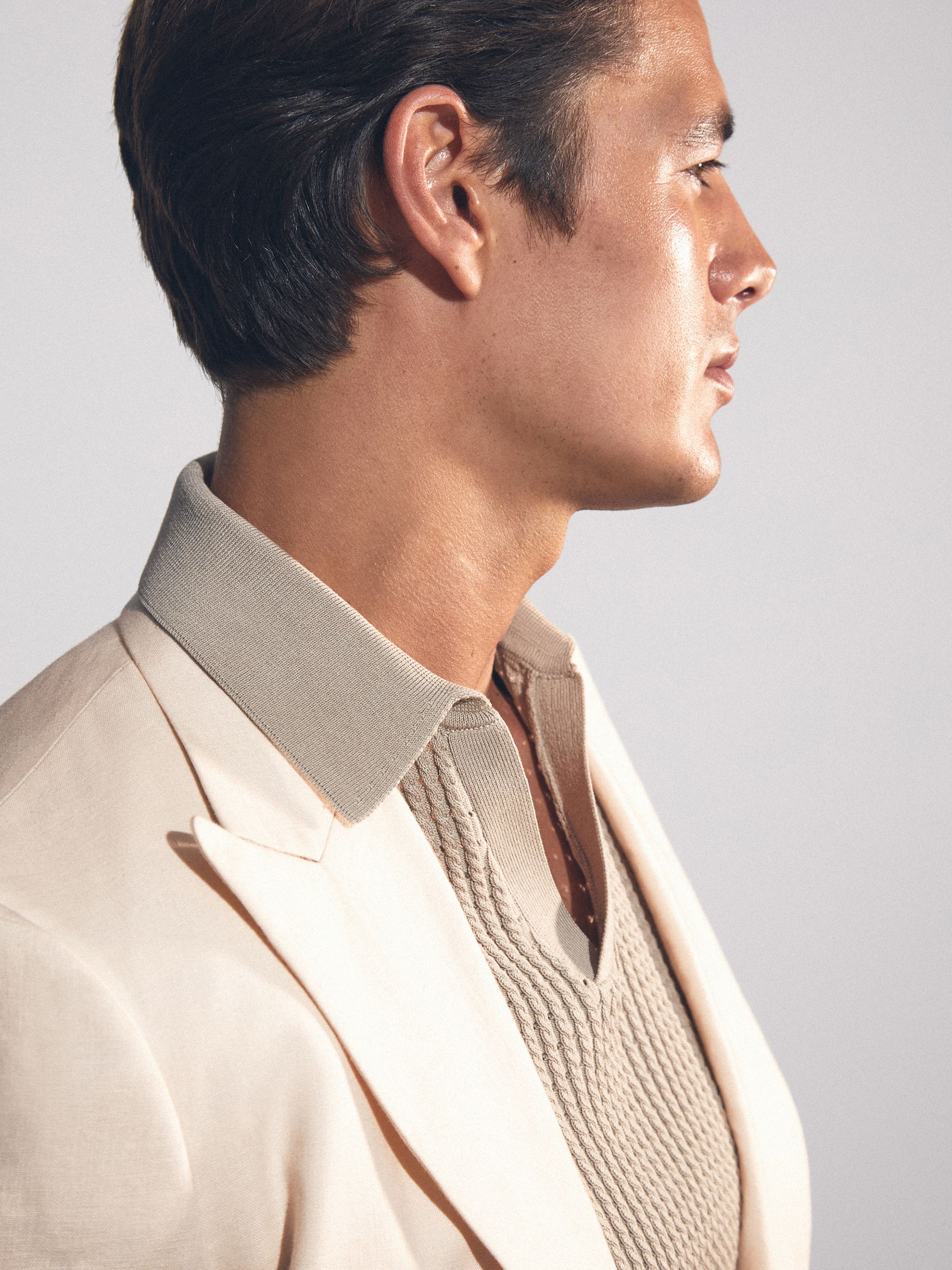 Linen Double-Breasted Suit Slim-Fit Blazer in Stone