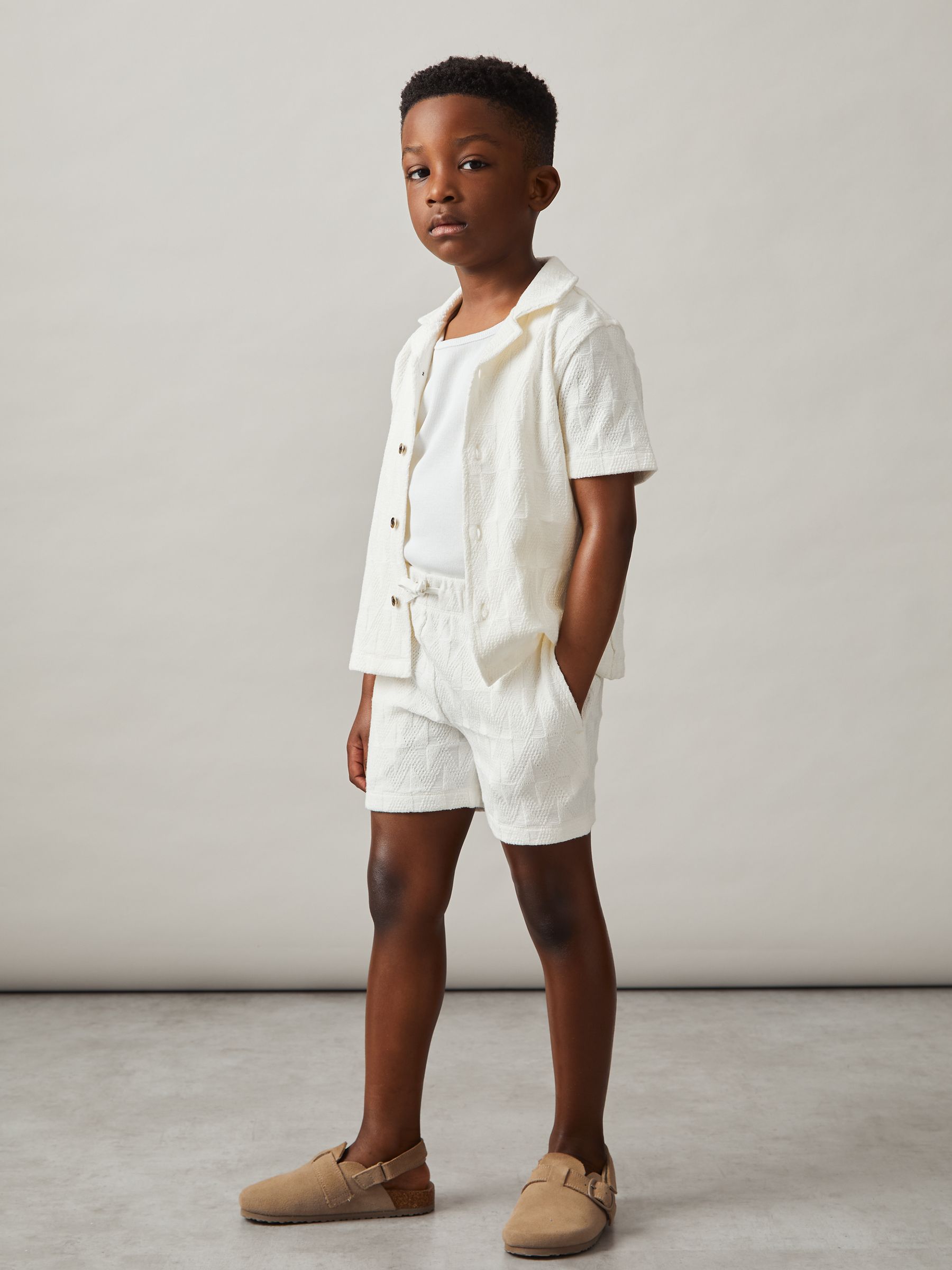 9-13 yrs Stretch-Cotton Textured Shorts in Off White
