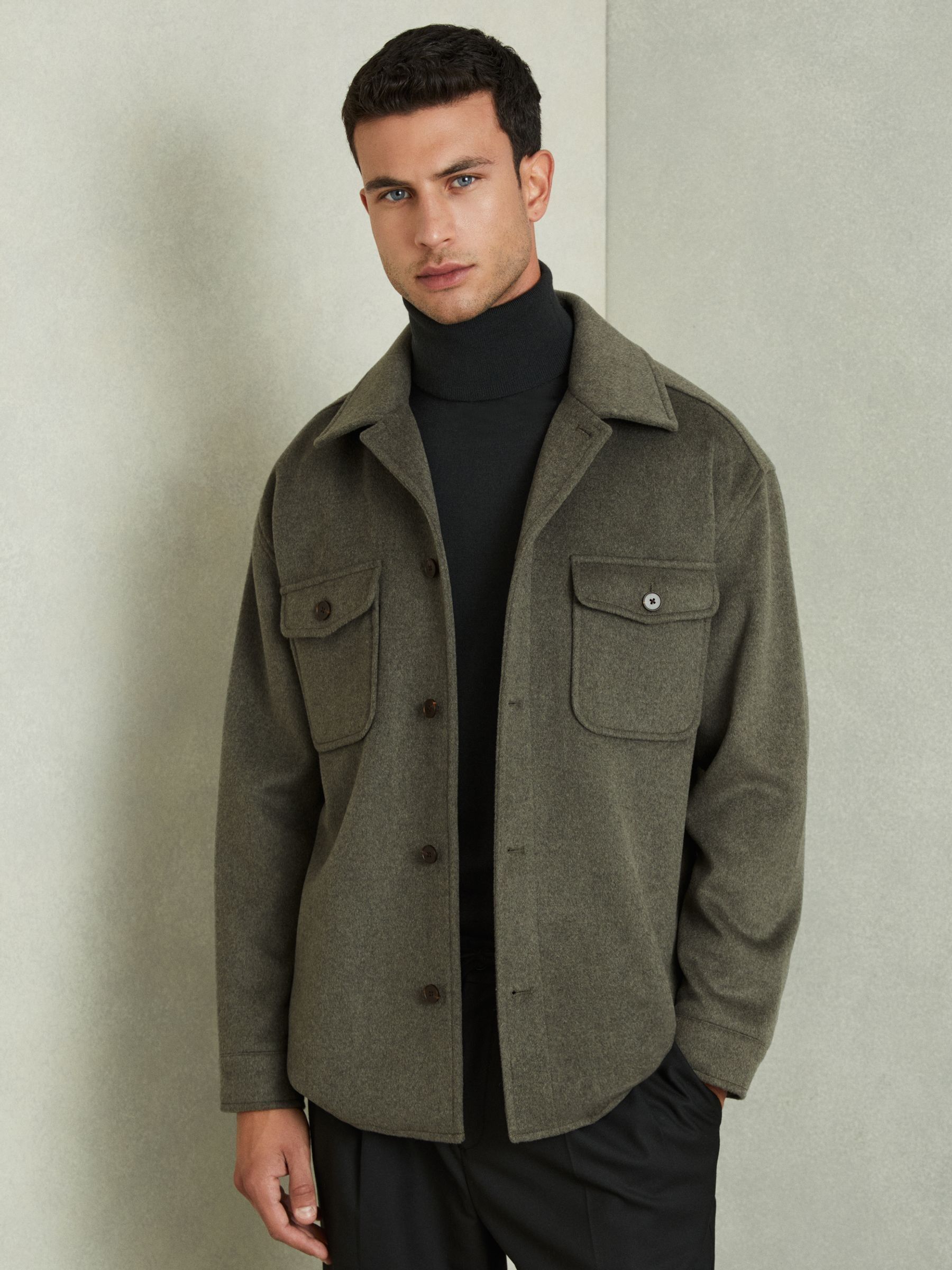 Wool-Blend Melton Overshirt in Green Smoke