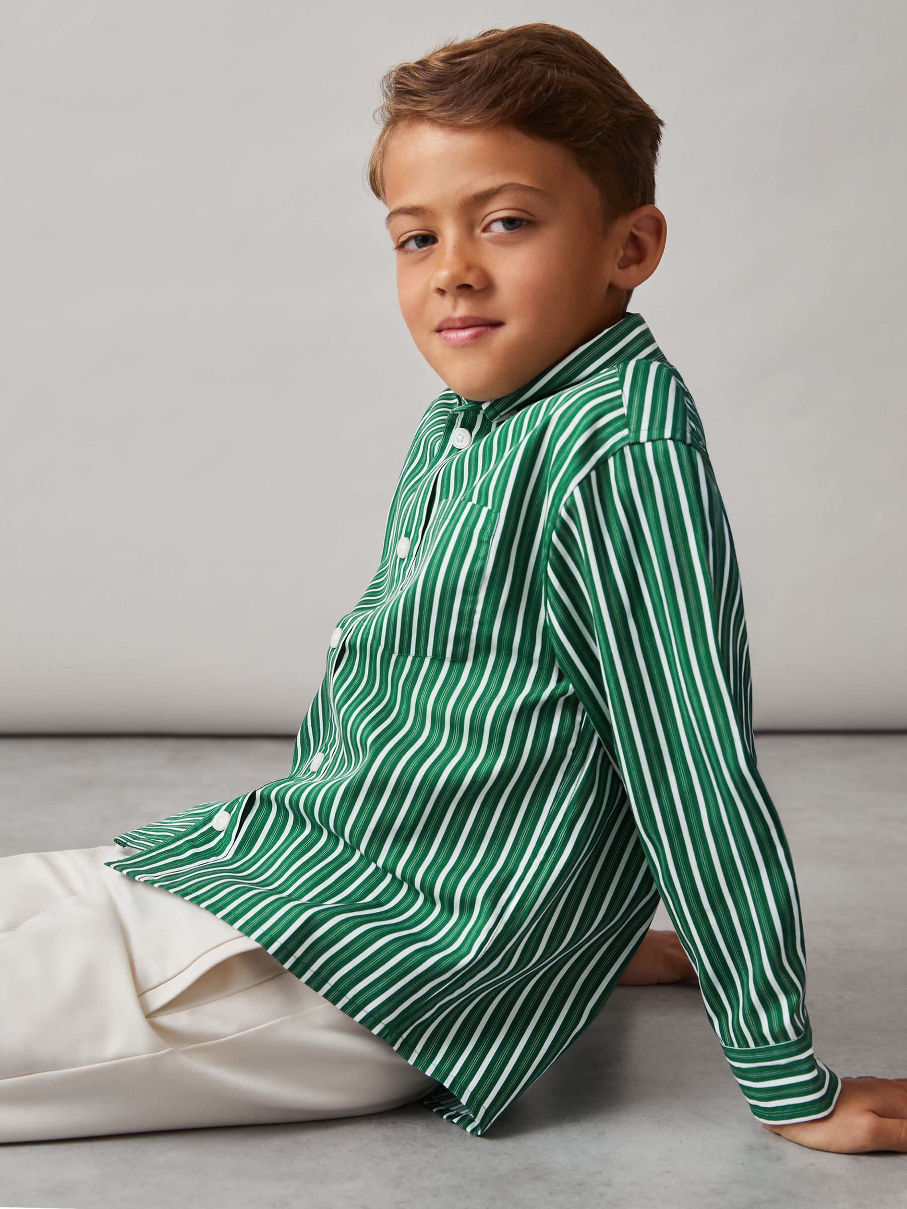 3-9 yrs Cotton-Poplin Striped Oversize Shirt in Green/White